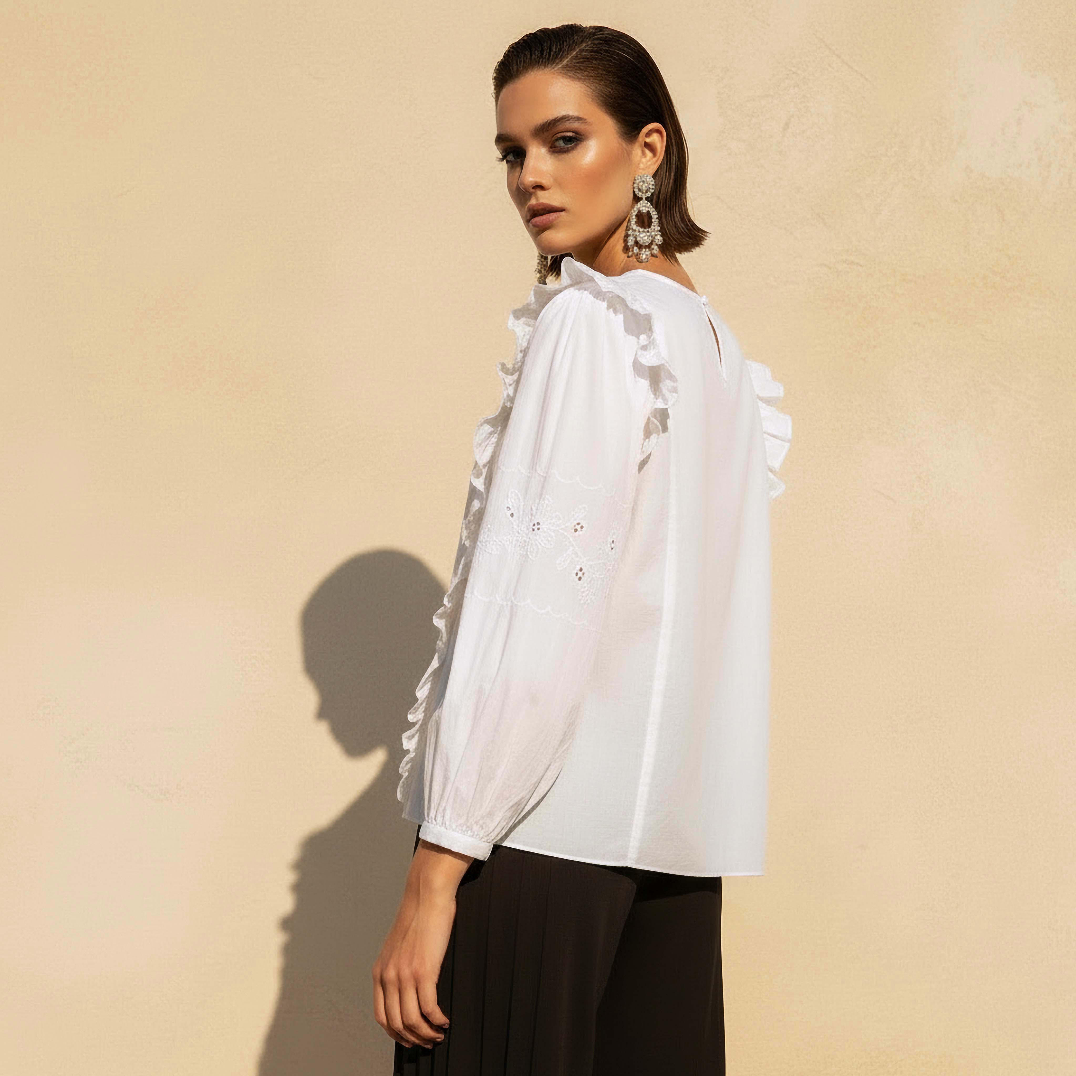 بلوزة قطن بقصة عادية بتفاصيل شيفلي وكشكش للنساء من تو إكستريمز-women-clothing-shirtsandblouses-blouses-image-4