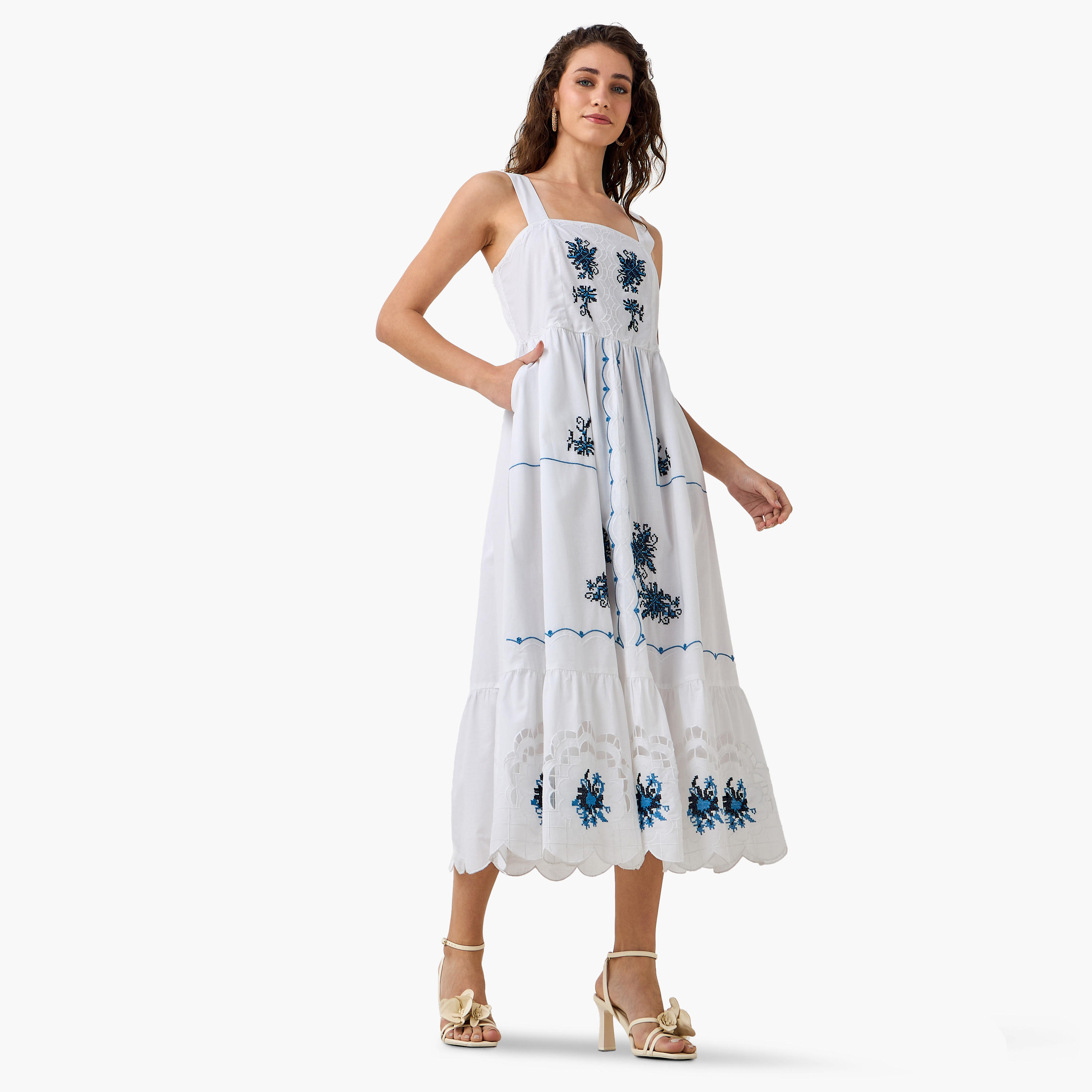 2Xtremz Scalloped A-line Women Dress with Embroidery Cotton-women-clothing-dresses-image-4