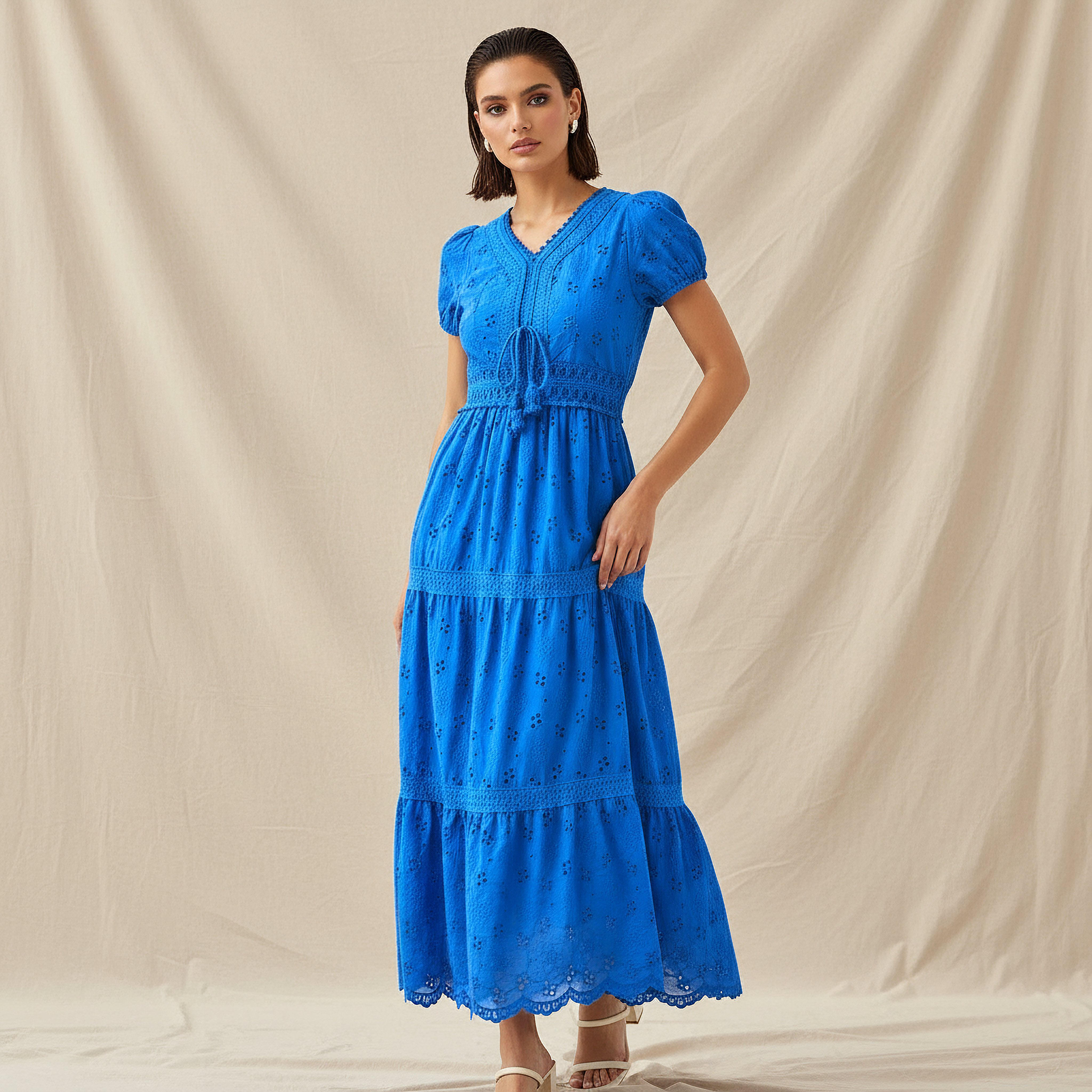 فستان قطن إيه لاين ميدي متعدد الطبقات بتطريز شيفلي من تو إكستريمز-women-clothing-dresses-image-1