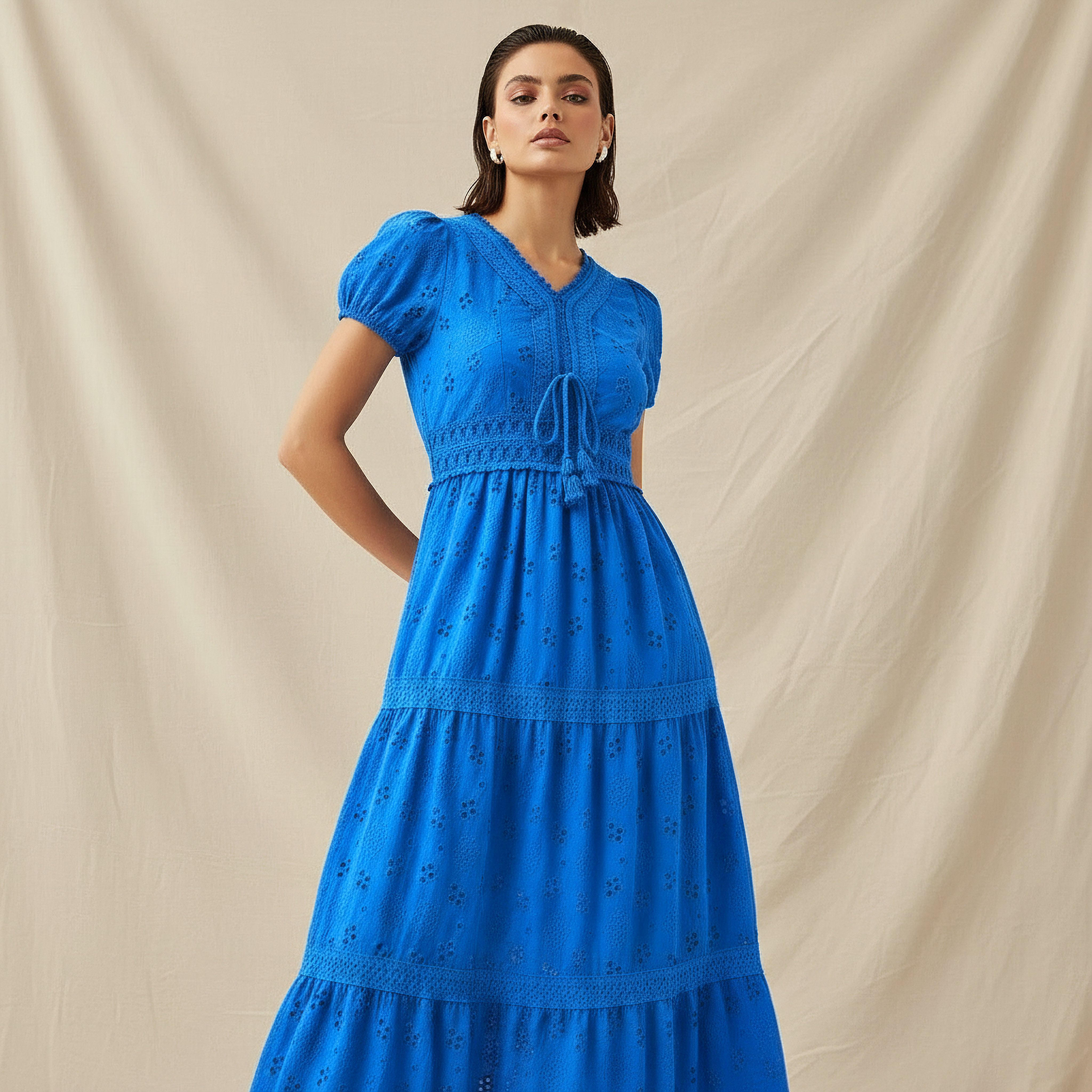 فستان قطن إيه لاين ميدي متعدد الطبقات بتطريز شيفلي من تو إكستريمز-women-clothing-dresses-image-2