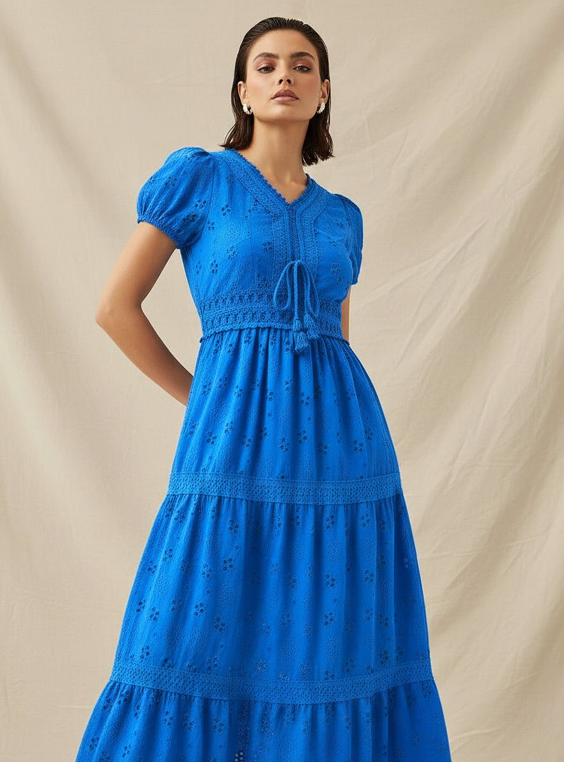 فستان قطن إيه لاين ميدي متعدد الطبقات بتطريز شيفلي من تو إكستريمز-women-clothing-dresses-image-2