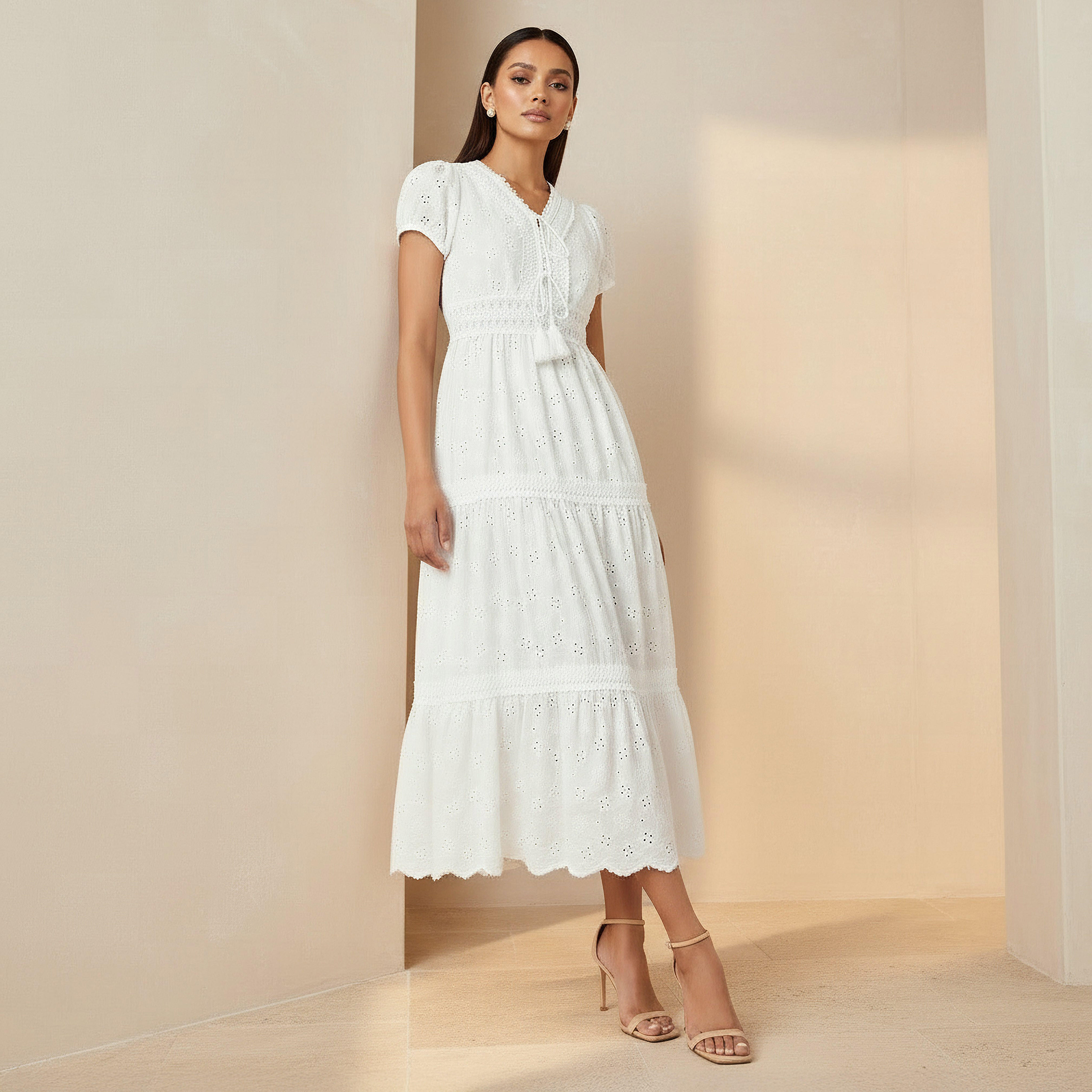 فستان قطن إيه لاين ميدي متعدد الطبقات بتطريز شيفلي من تو إكستريمز-women-clothing-dresses-image-1