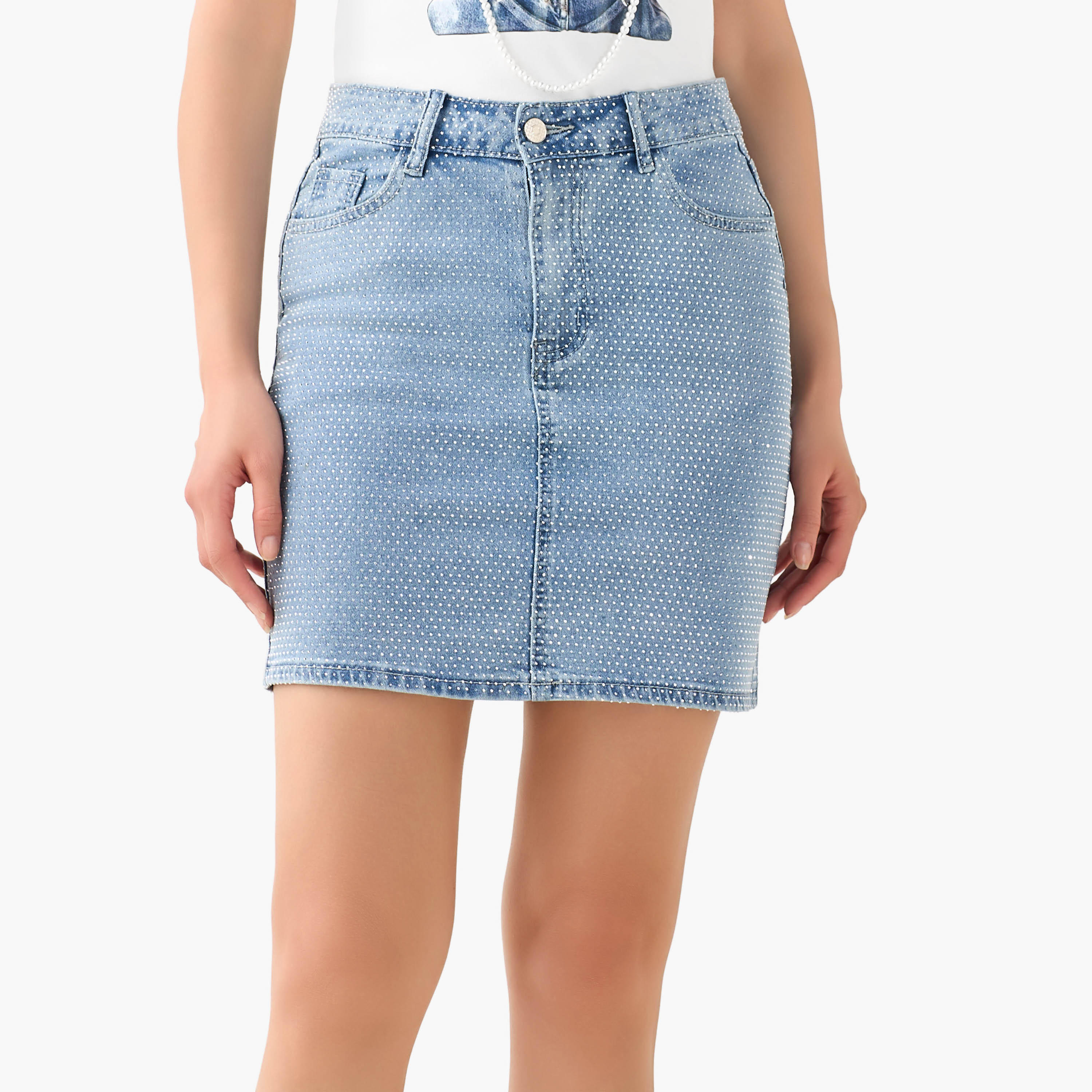تنورة ميني دينم بتفاصيل مزينة من توإكستريمز-women-clothing-bottoms-skirts-image-3