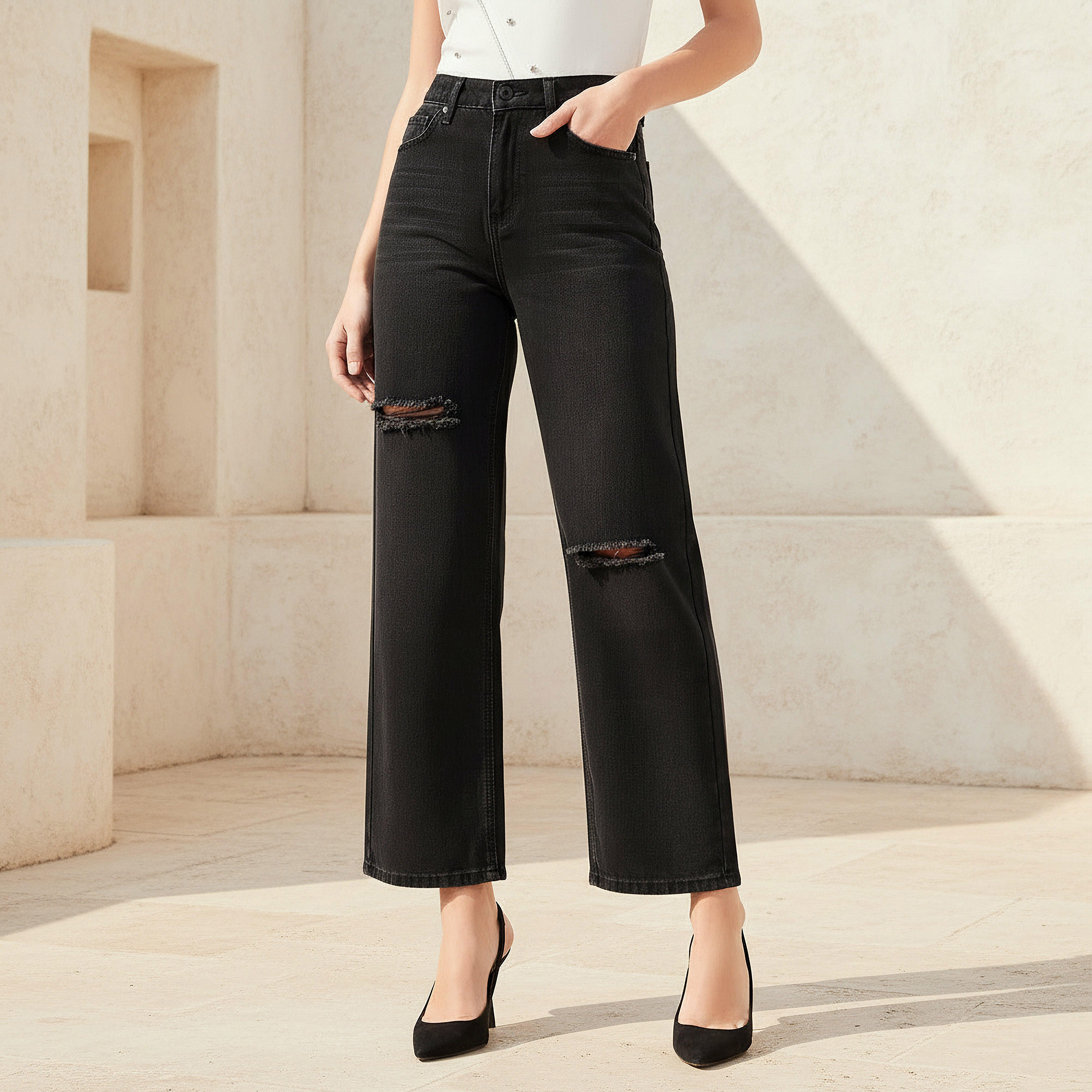 بنطلون جينز بخصر متوسط الارتفاع وتفاصيل ممزقة من تو إكستريمز-women-clothing-bottoms-jeans-image-1