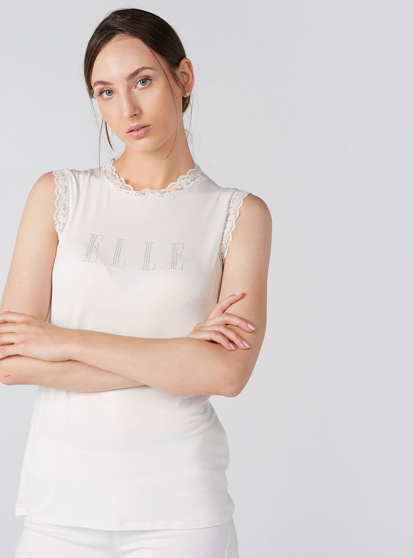 بلوزة مزيّنة دون أكمام بياقة مستديرة وتفاصيل دانتيل من إيل-women-clothing-tshirts-image-1