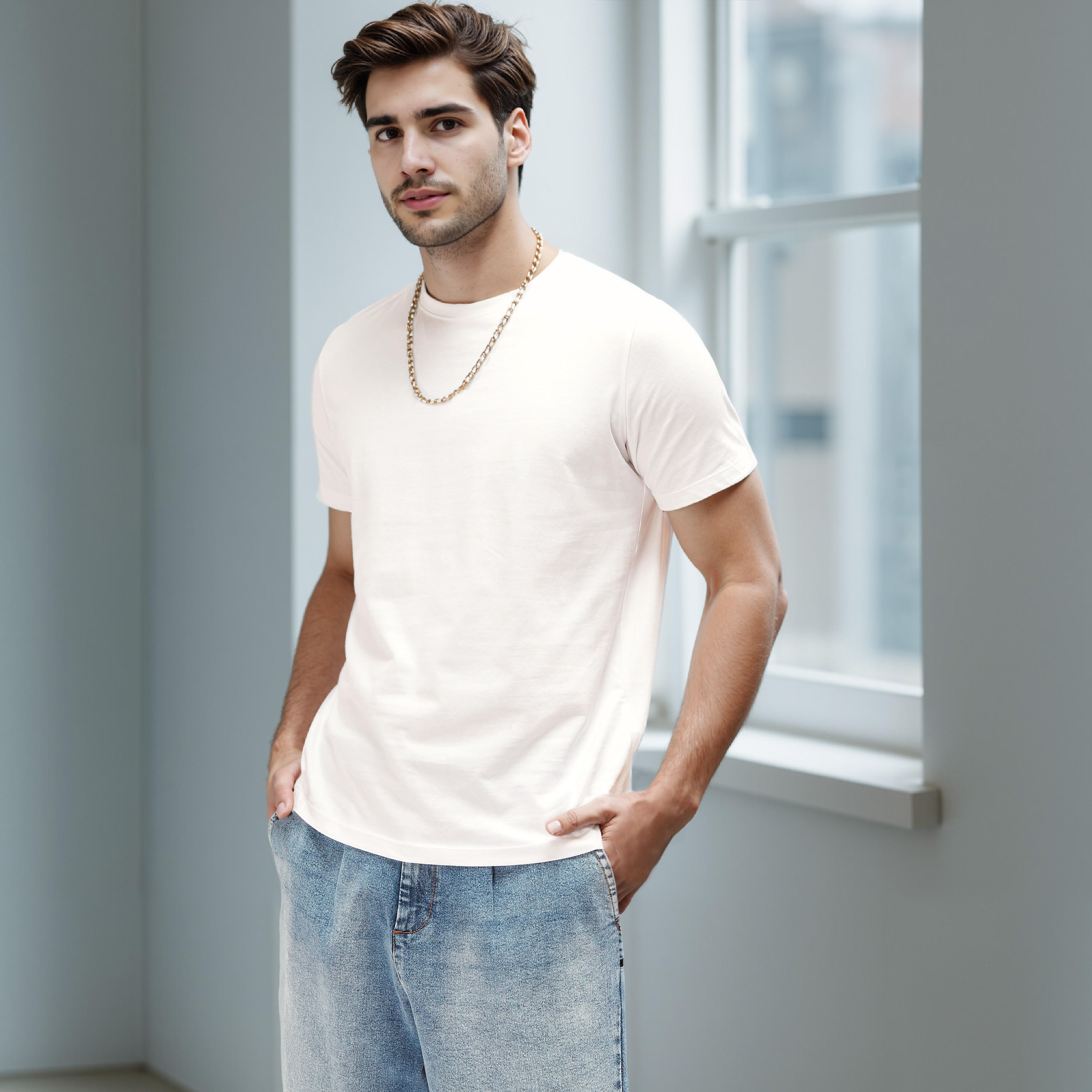 تيشيرت سادة بقصّة عادية وياقة ضيقة وأكمام قصيرة-men-clothing-tshirtsandpolos-tshirts-image-3