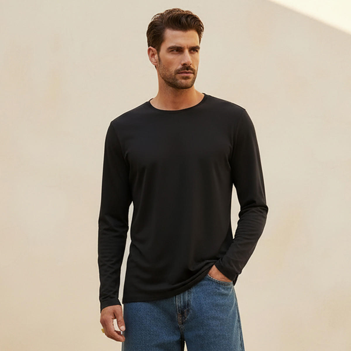 Slim Fit T-shirt with Crew Neck and Long Sleeves-men-clothing-tshirtsandpolos-tshirts-image-1