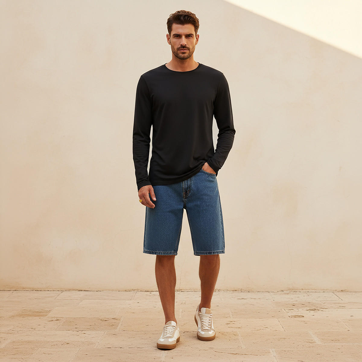 Slim Fit T-shirt with Crew Neck and Long Sleeves-men-clothing-tshirtsandpolos-tshirts-image-3