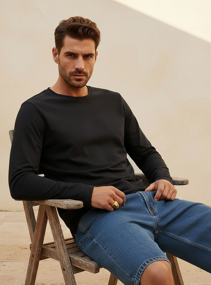 Slim Fit T-shirt with Crew Neck and Long Sleeves-men-clothing-tshirtsandpolos-tshirts-image-5