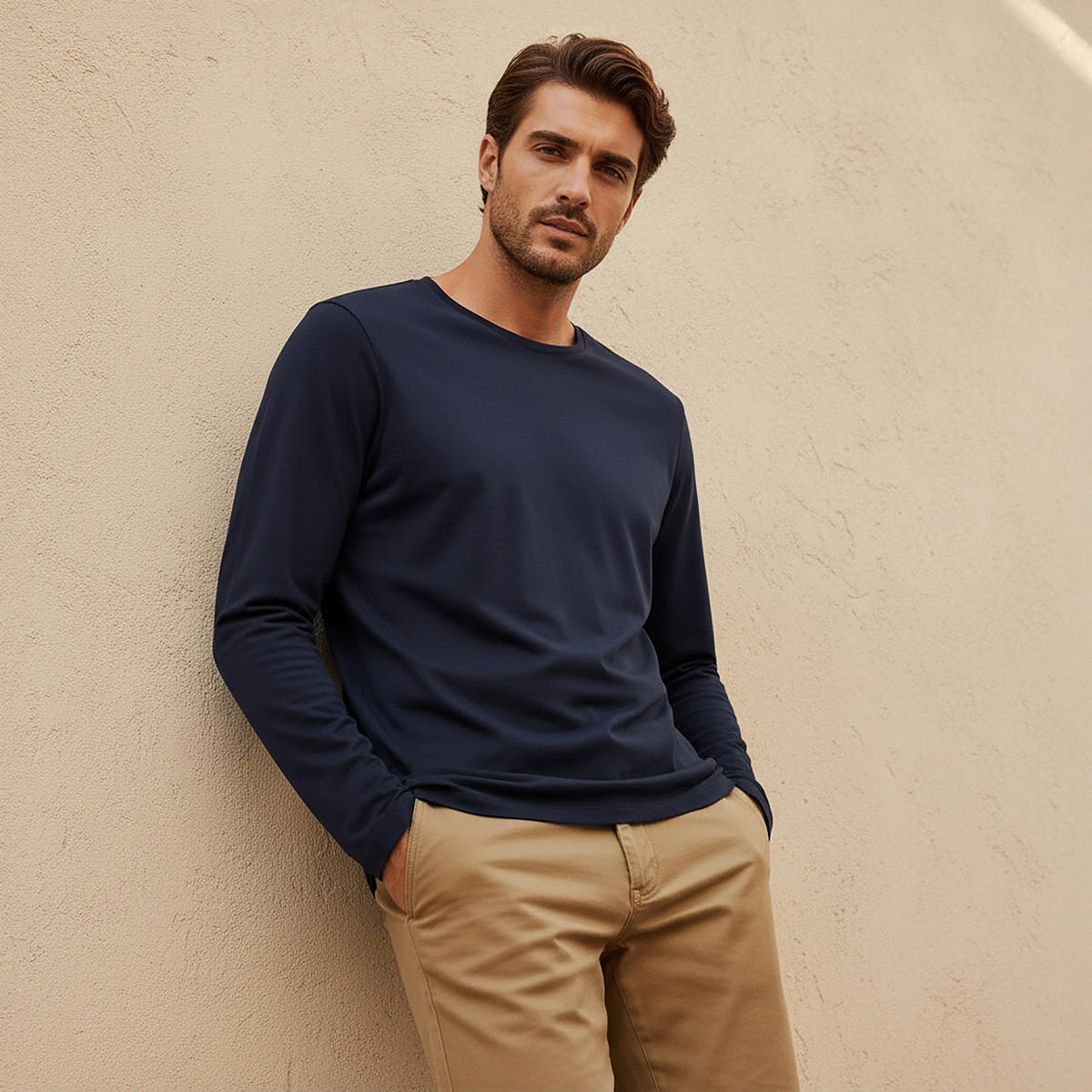 Slim Fit T-shirt with Crew Neck and Long Sleeves-men-clothing-tshirtsandpolos-tshirts-image-1