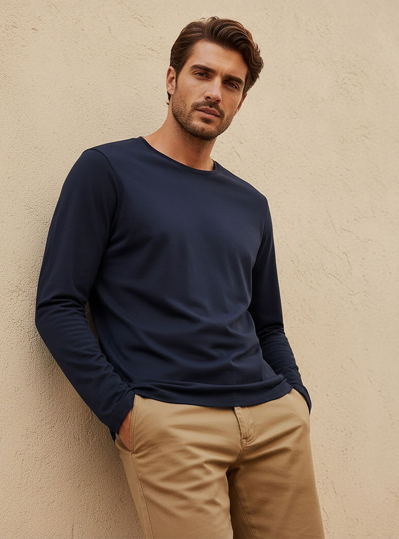 Slim Fit T-shirt with Crew Neck and Long Sleeves-men-clothing-tshirtsandpolos-tshirts-image-1