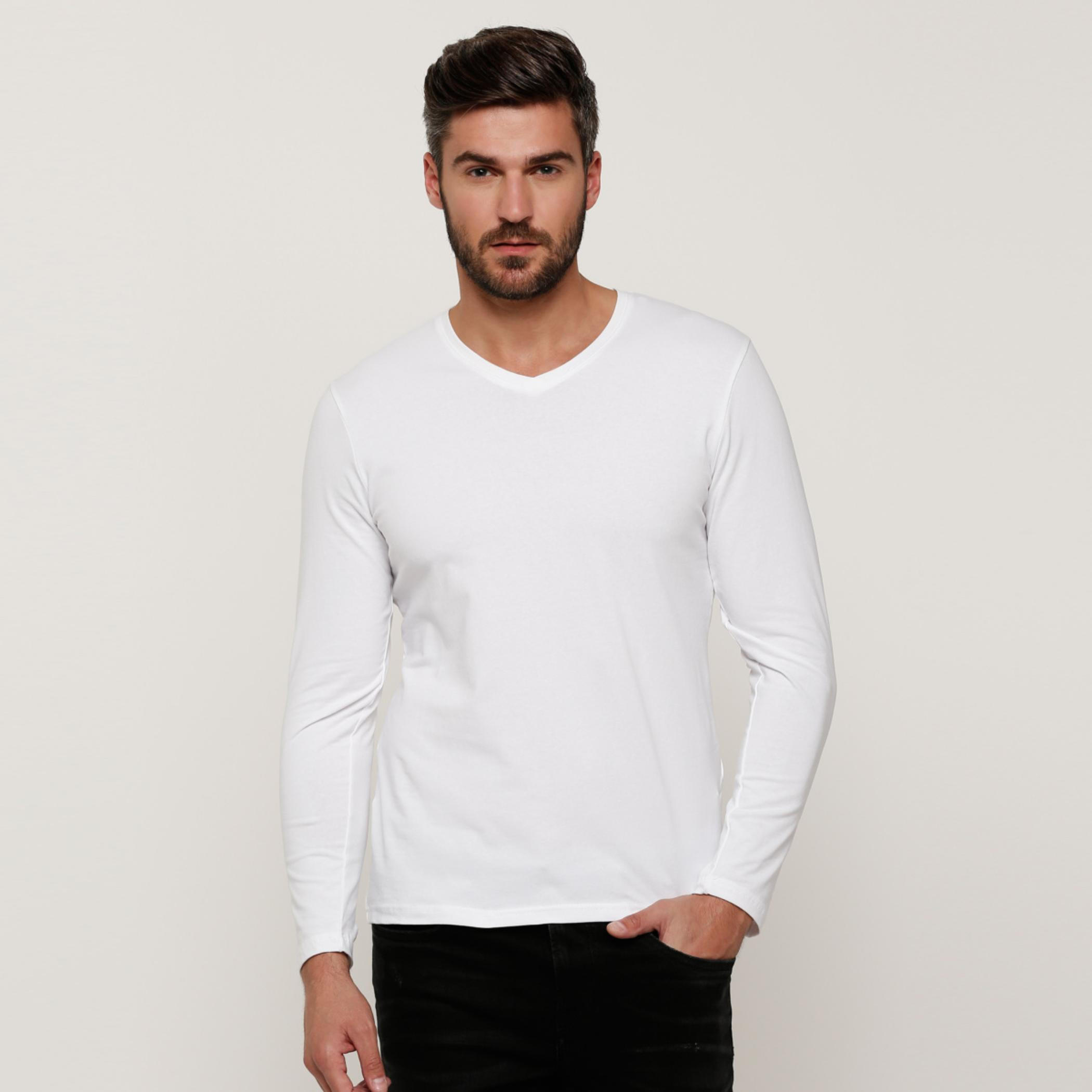 تيشيرت سادة بقصّة سليم وياقة V وأكمام طويلة -men-clothing-tshirtsandpolos-tshirts-image-1