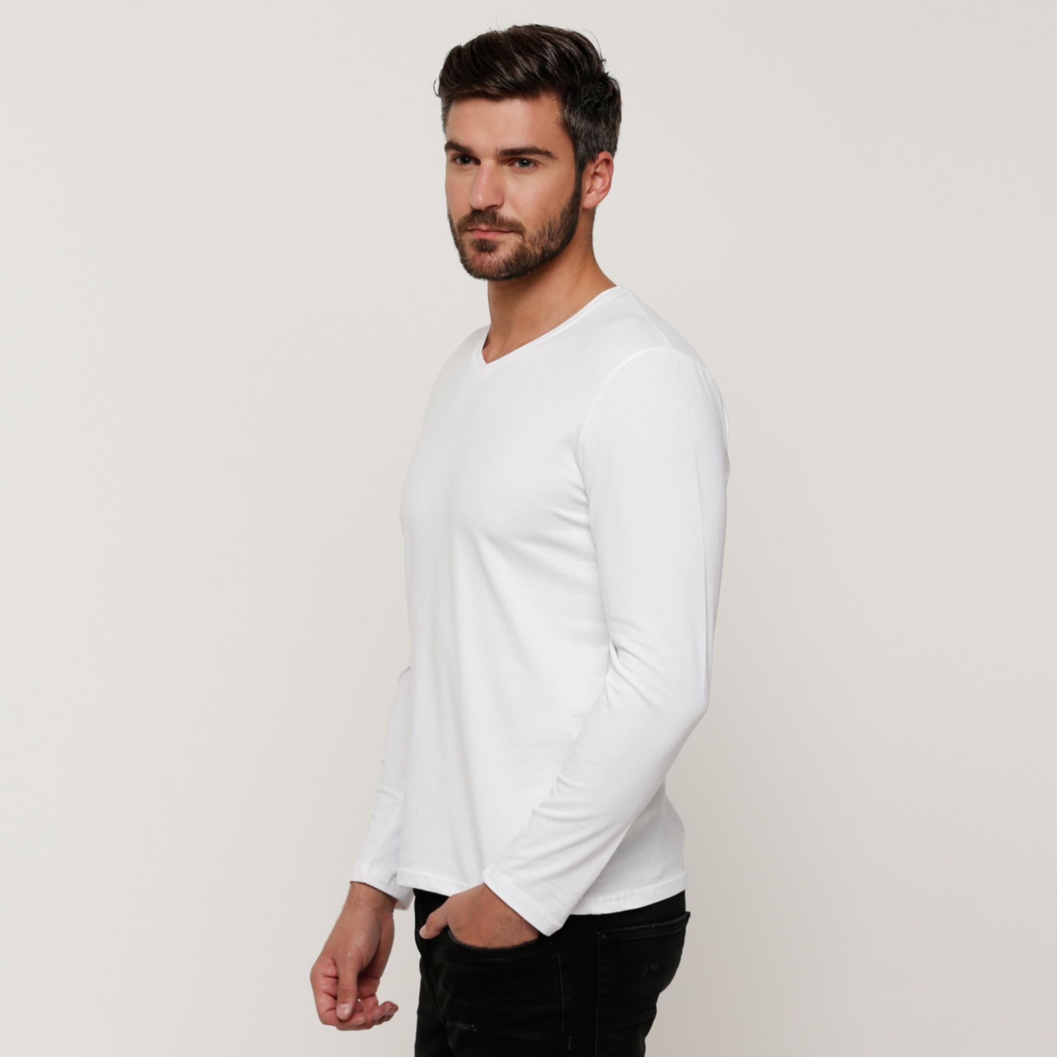 تيشيرت سادة بقصّة سليم وياقة V وأكمام طويلة -men-clothing-tshirtsandpolos-tshirts-image-3