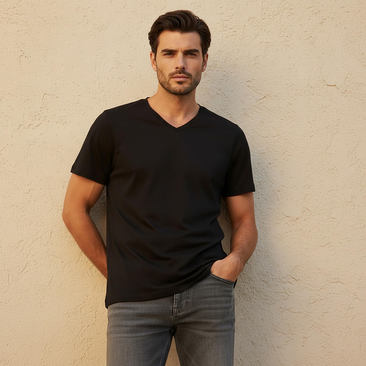 Slim Fit V-Neck T-shirt with Short Sleeves-men-clothing-tshirtsandpolos-tshirts-image-1