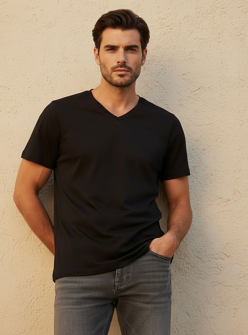 Slim Fit V-Neck T-shirt with Short Sleeves-men-clothing-tshirtsandpolos-tshirts-image-1