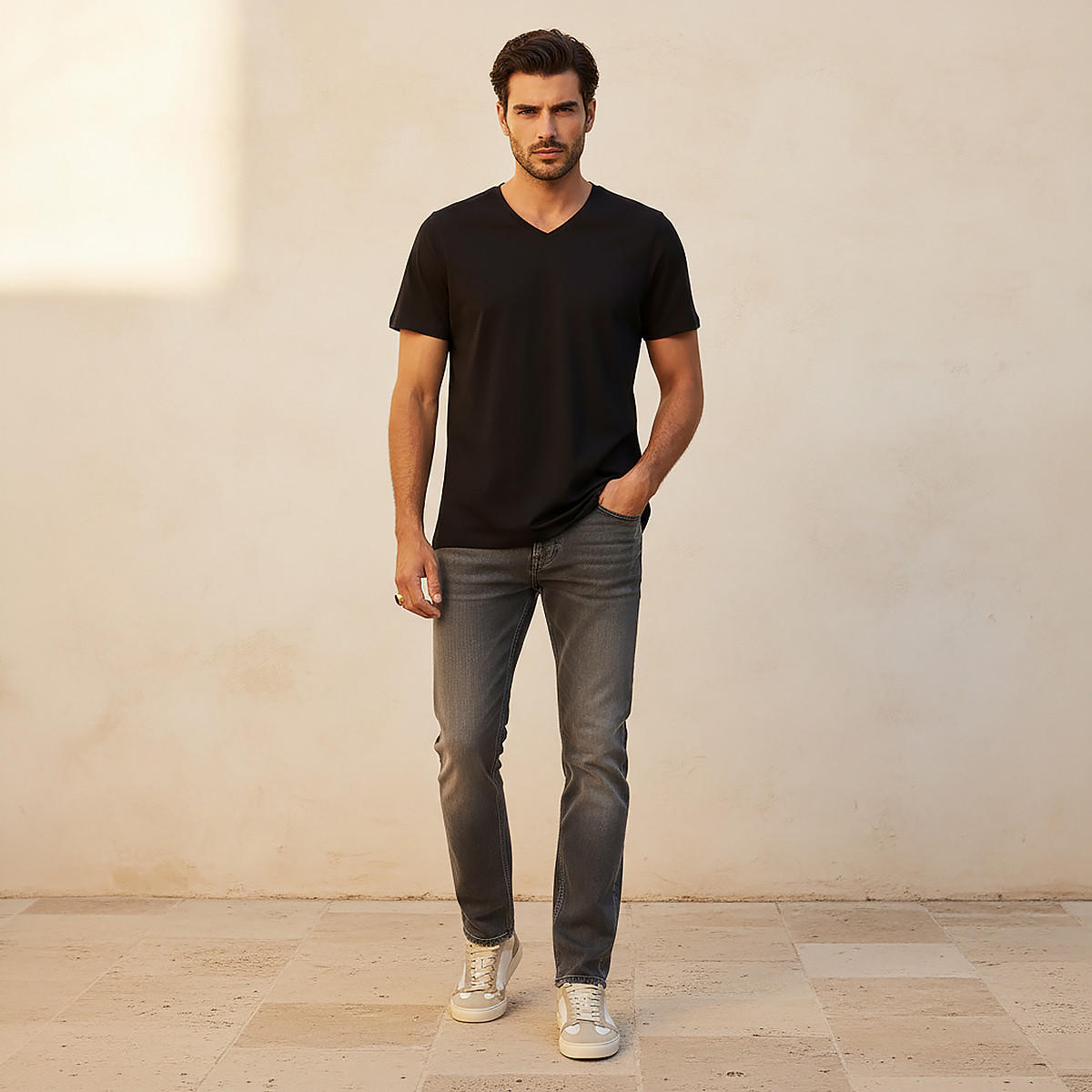 Slim Fit V-Neck T-shirt with Short Sleeves-men-clothing-tshirtsandpolos-tshirts-image-3