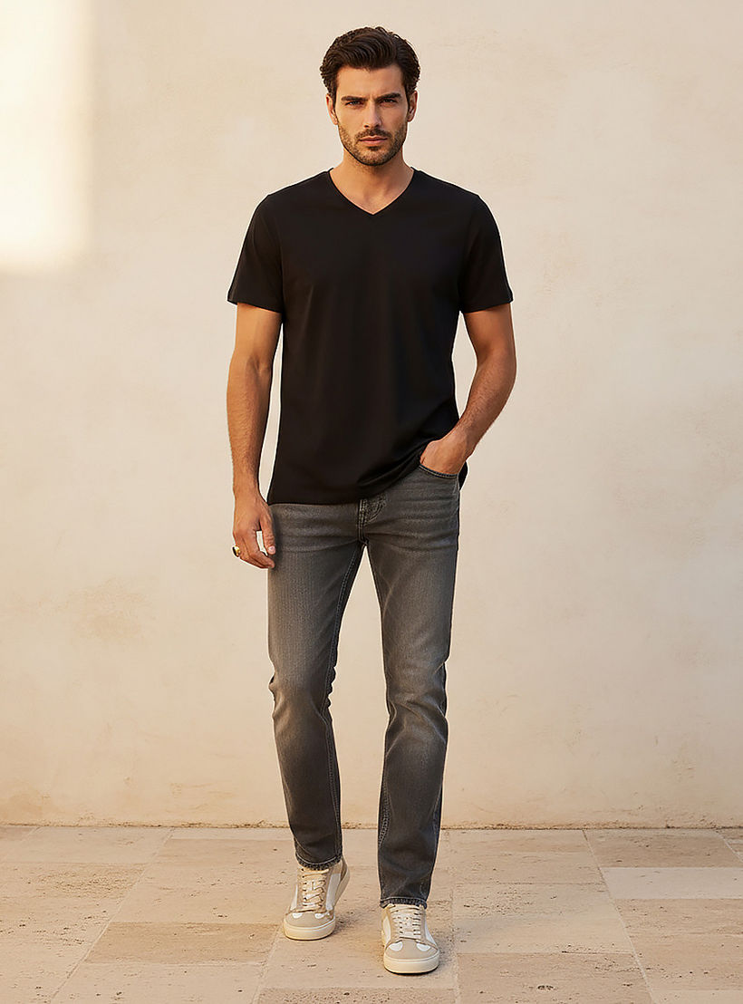 Slim Fit V-Neck T-shirt with Short Sleeves-men-clothing-tshirtsandpolos-tshirts-image-3