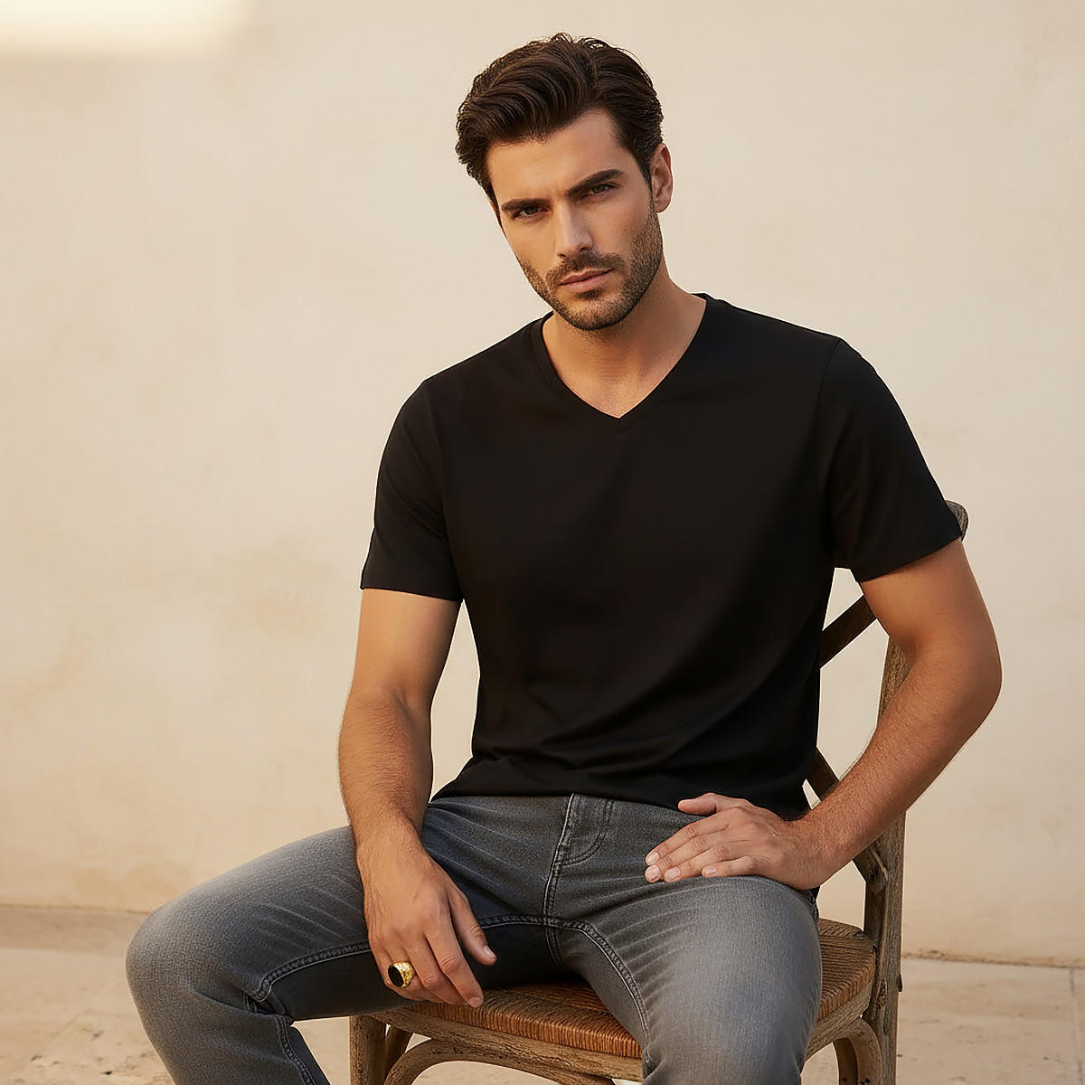 Slim Fit V-Neck T-shirt with Short Sleeves-men-clothing-tshirtsandpolos-tshirts-image-5