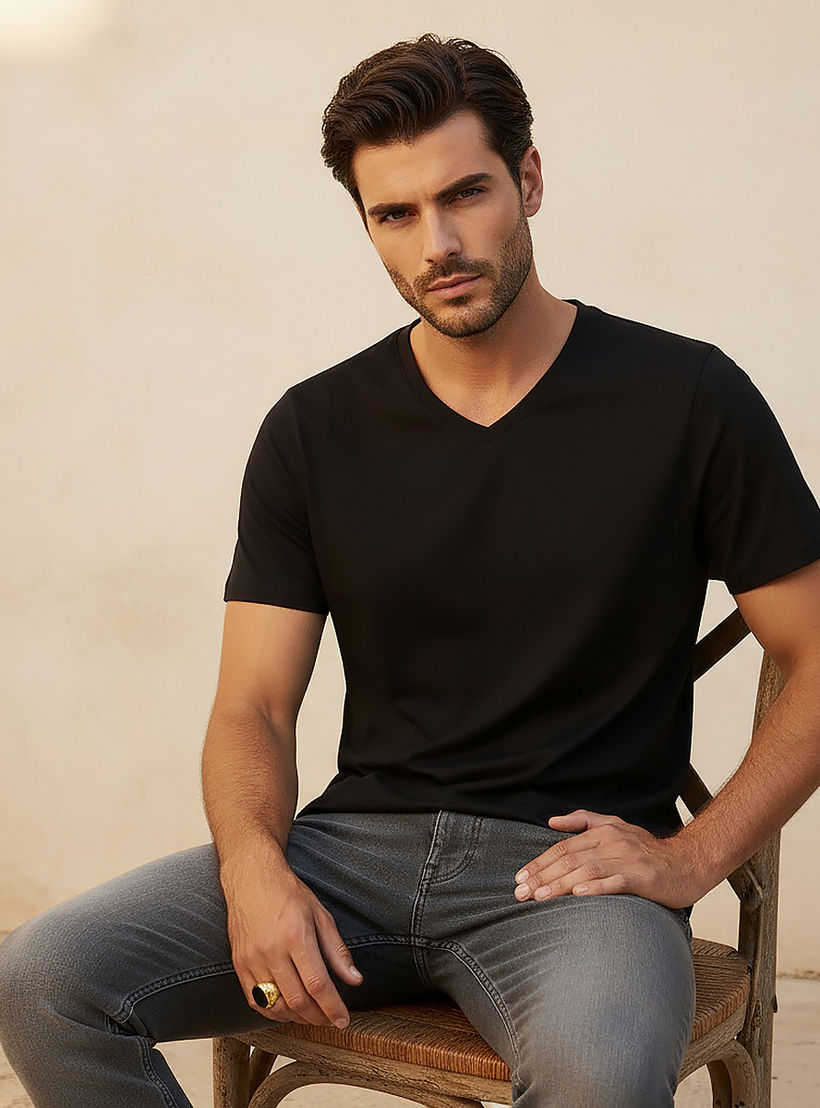Slim Fit V-Neck T-shirt with Short Sleeves-men-clothing-tshirtsandpolos-tshirts-image-5