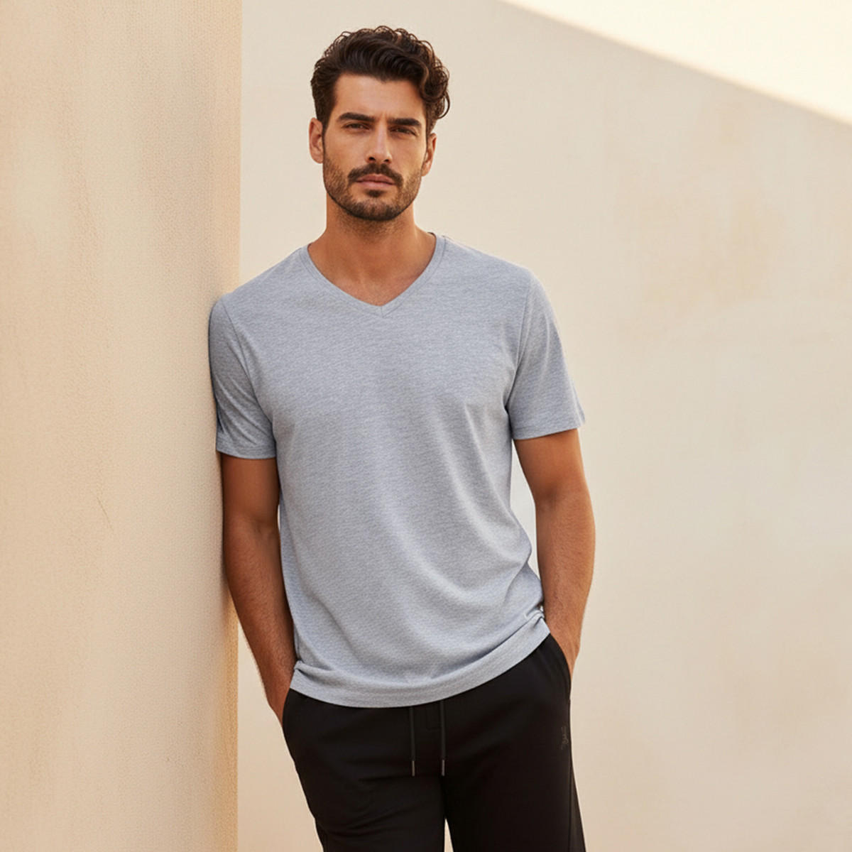 Slim Fit V-Neck T-shirt with Short Sleeves-men-clothing-tshirtsandpolos-tshirts-image-1