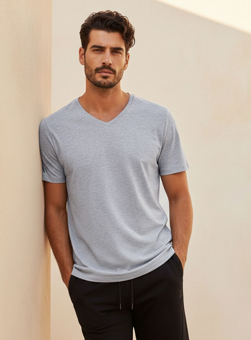 Slim Fit V-Neck T-shirt with Short Sleeves-men-clothing-tshirtsandpolos-tshirts-image-1