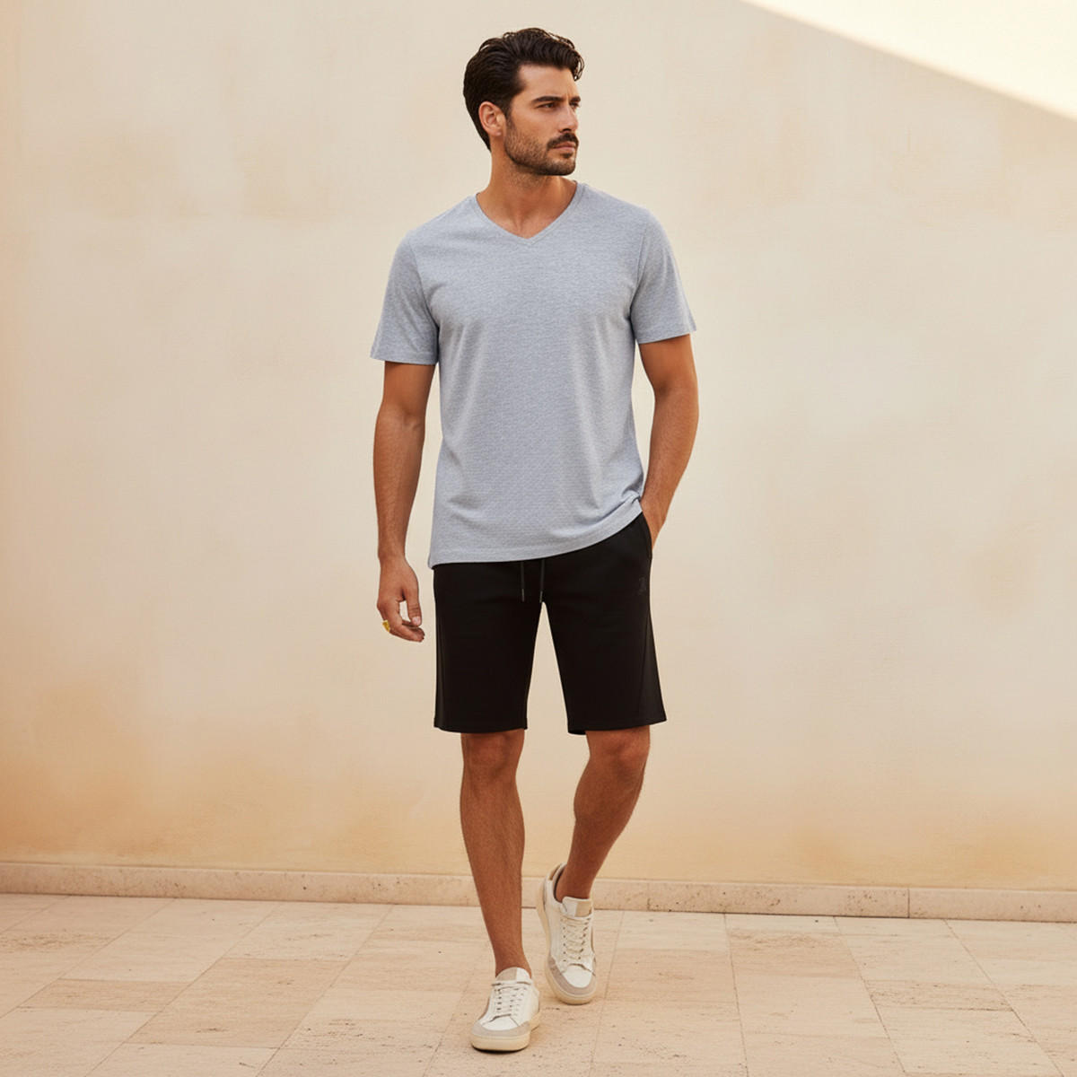 Slim Fit V-Neck T-shirt with Short Sleeves-men-clothing-tshirtsandpolos-tshirts-image-3
