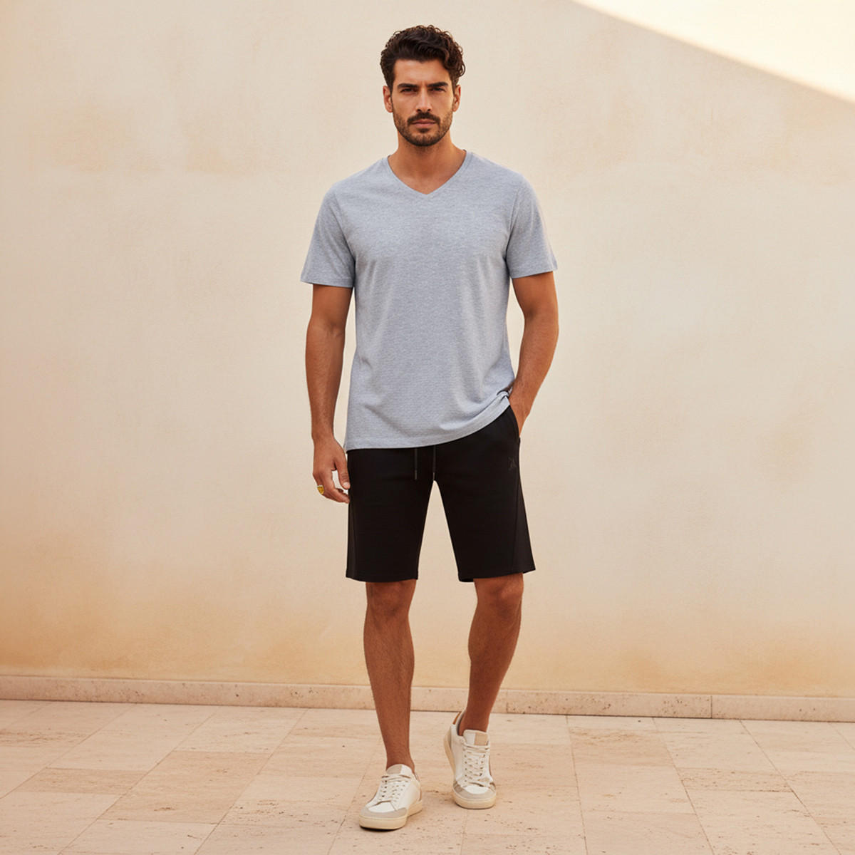 Slim Fit V-Neck T-shirt with Short Sleeves-men-clothing-tshirtsandpolos-tshirts-image-5