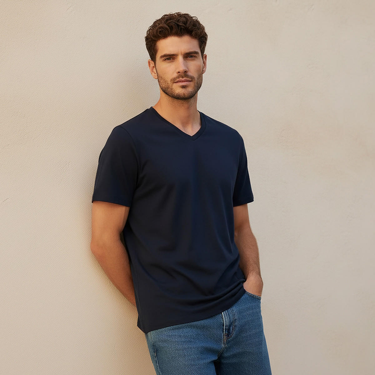 Slim Fit V-Neck T-shirt with Short Sleeves-men-clothing-tshirtsandpolos-tshirts-image-1