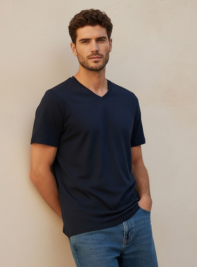 Slim Fit V-Neck T-shirt with Short Sleeves-men-clothing-tshirtsandpolos-tshirts-image-1