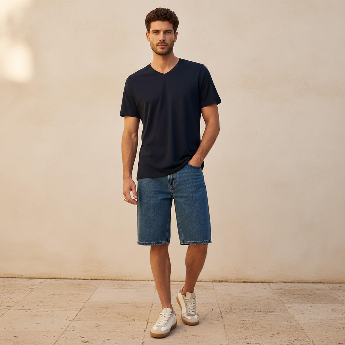 Slim Fit V-Neck T-shirt with Short Sleeves-men-clothing-tshirtsandpolos-tshirts-image-3