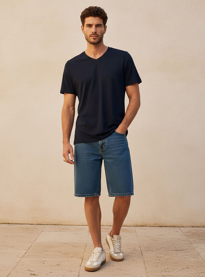 Slim Fit V-Neck T-shirt with Short Sleeves-men-clothing-tshirtsandpolos-tshirts-image-3