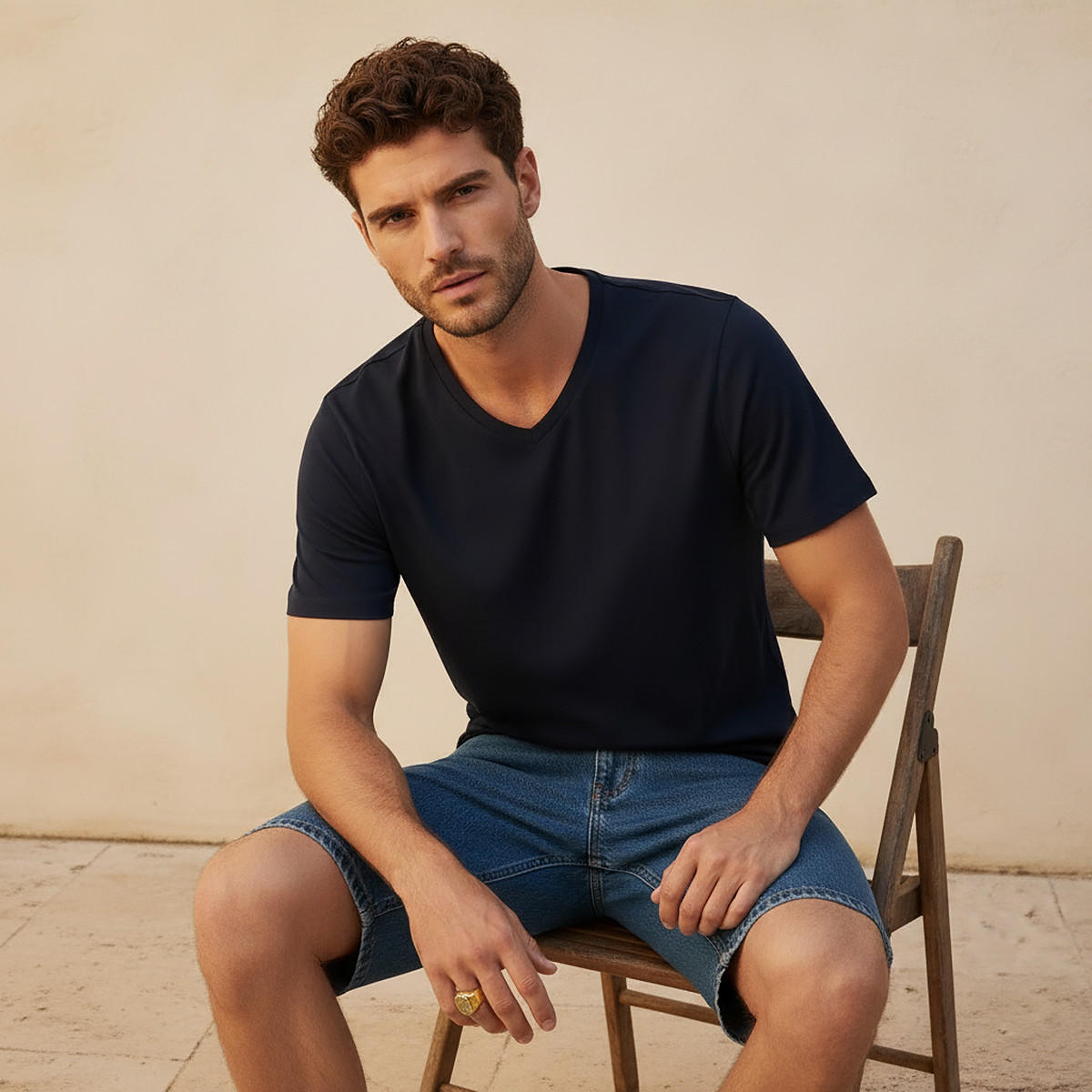 Slim Fit V-Neck T-shirt with Short Sleeves-men-clothing-tshirtsandpolos-tshirts-image-5