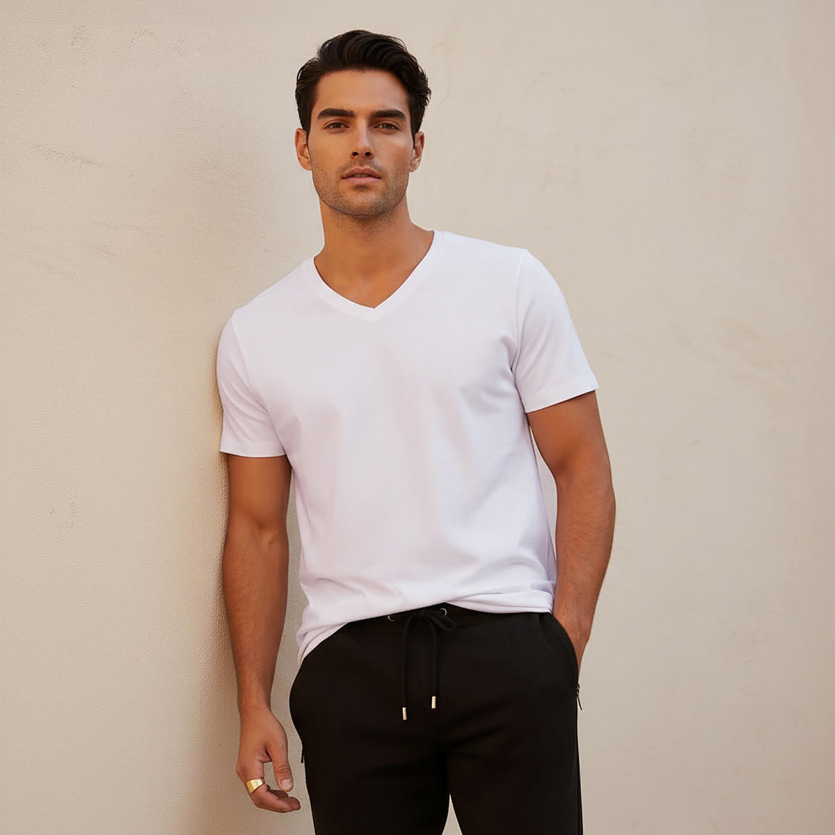 Slim Fit V-Neck T-shirt with Short Sleeves-men-clothing-tshirtsandpolos-tshirts-image-1