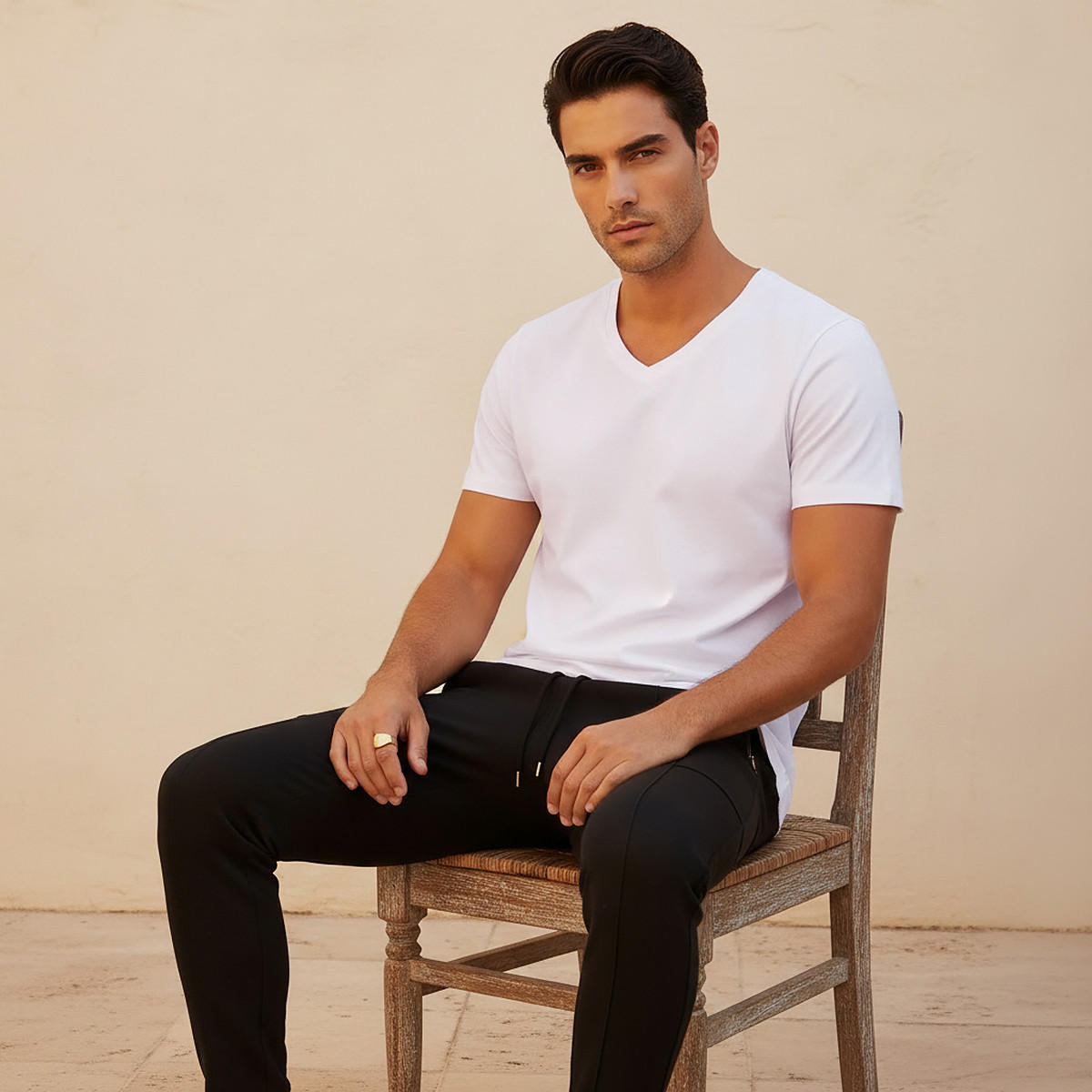 Slim Fit V-Neck T-shirt with Short Sleeves-men-clothing-tshirtsandpolos-tshirts-image-5