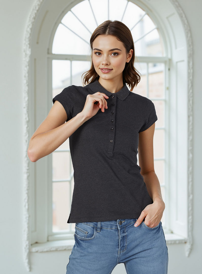 Plain T-shirt with Polo Neck and Cap Sleeves-women-clothing-tshirts-image-1