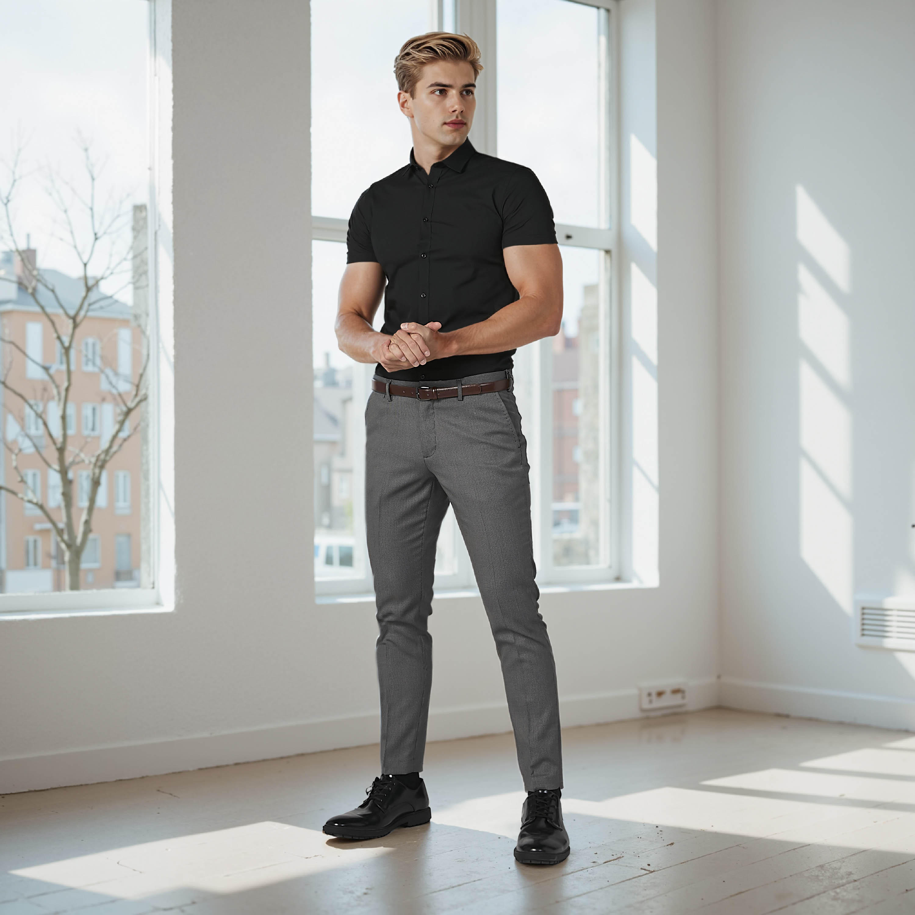 قميص سادة بياقة عاديّة وأكمام قصيرة-men-clothing-shirts-image-2