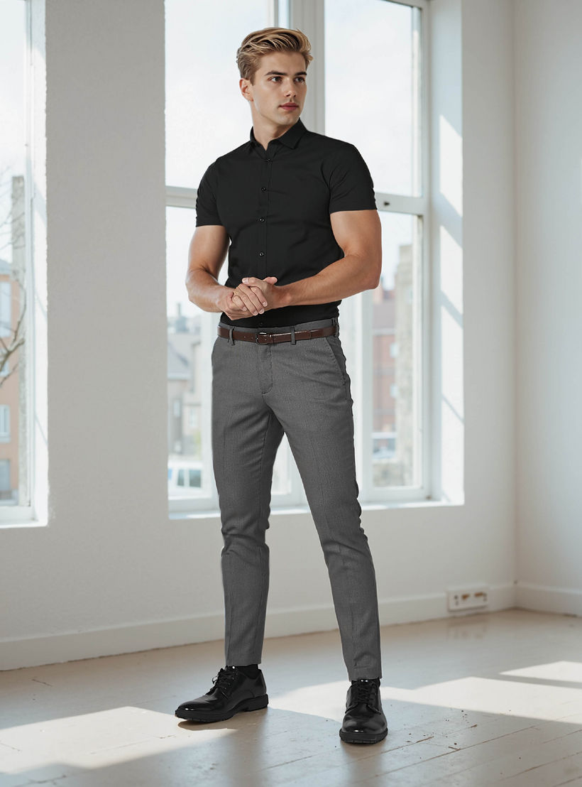Plain Shirt with Short Sleeves and Spread Collar-men-clothing-shirts-image-2
