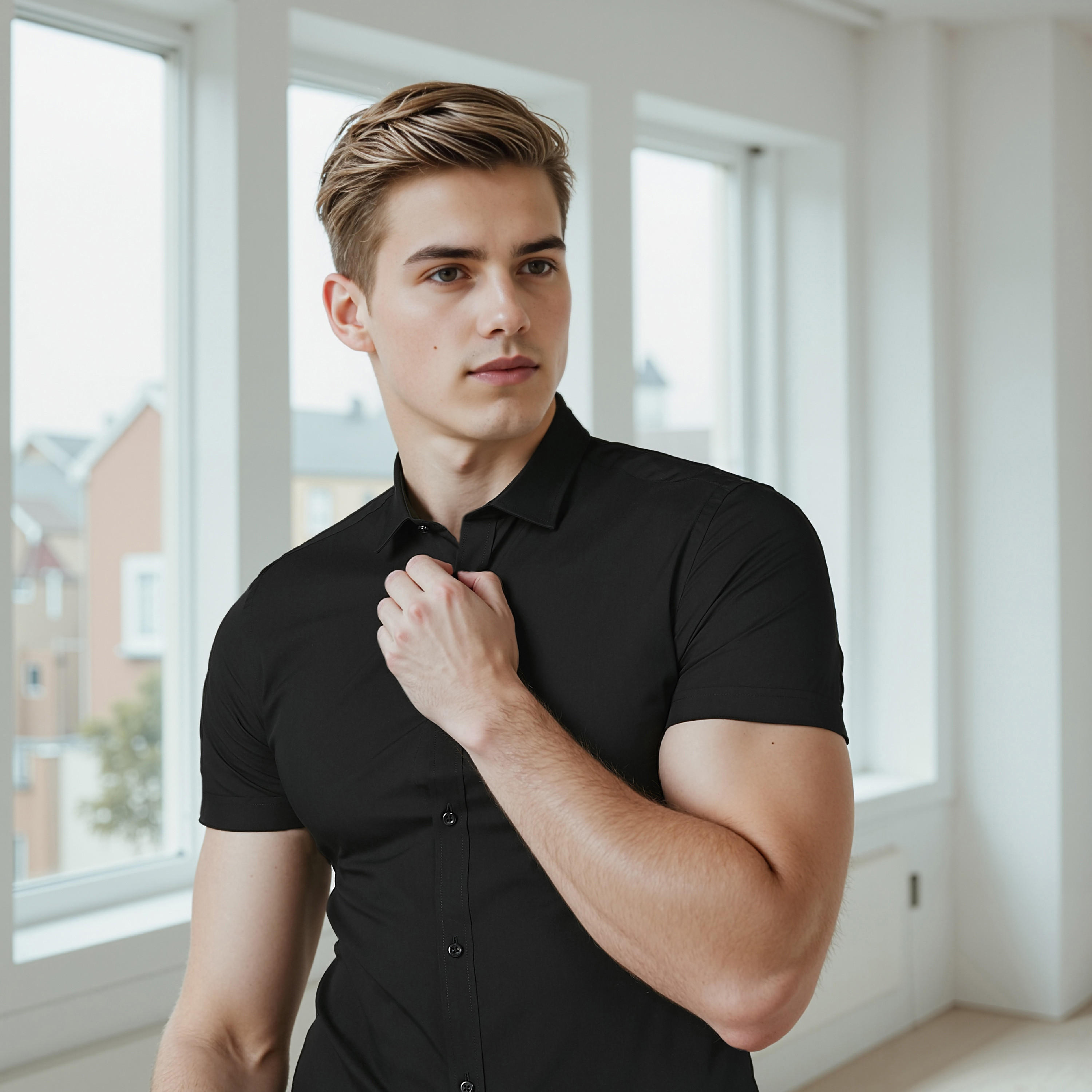قميص سادة بياقة عاديّة وأكمام قصيرة-men-clothing-shirts-image-3