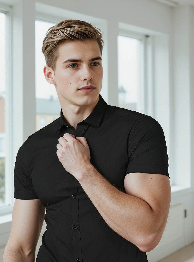 Plain Shirt with Short Sleeves and Spread Collar-men-clothing-shirts-image-3