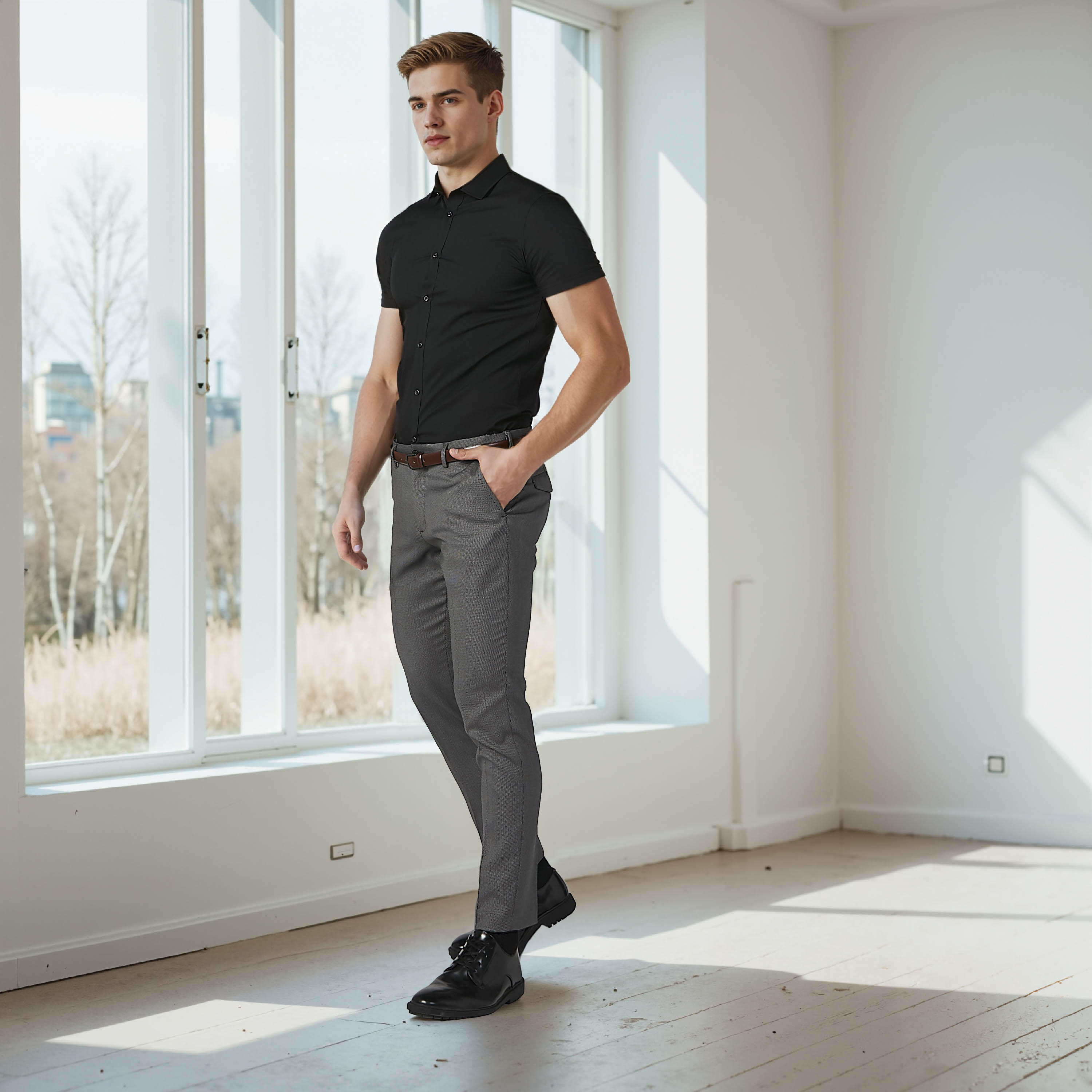 قميص سادة بياقة عاديّة وأكمام قصيرة-men-clothing-shirts-image-4