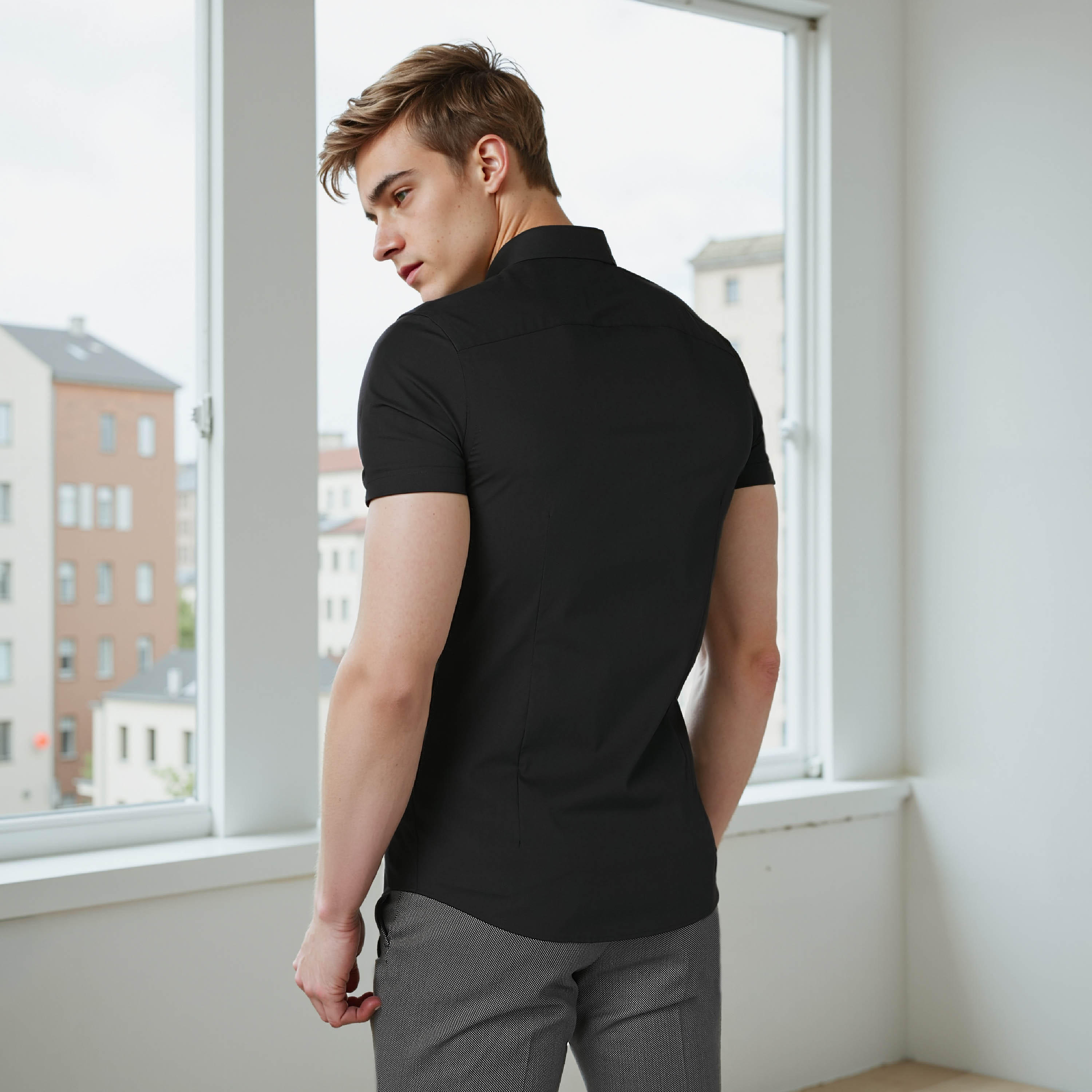 Plain Shirt with Short Sleeves and Spread Collar-men-clothing-shirts-image-5