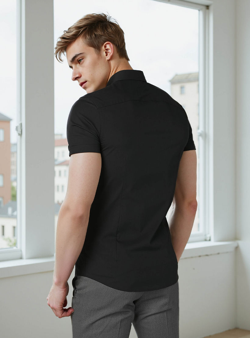 Plain Shirt with Short Sleeves and Spread Collar-men-clothing-shirts-image-5