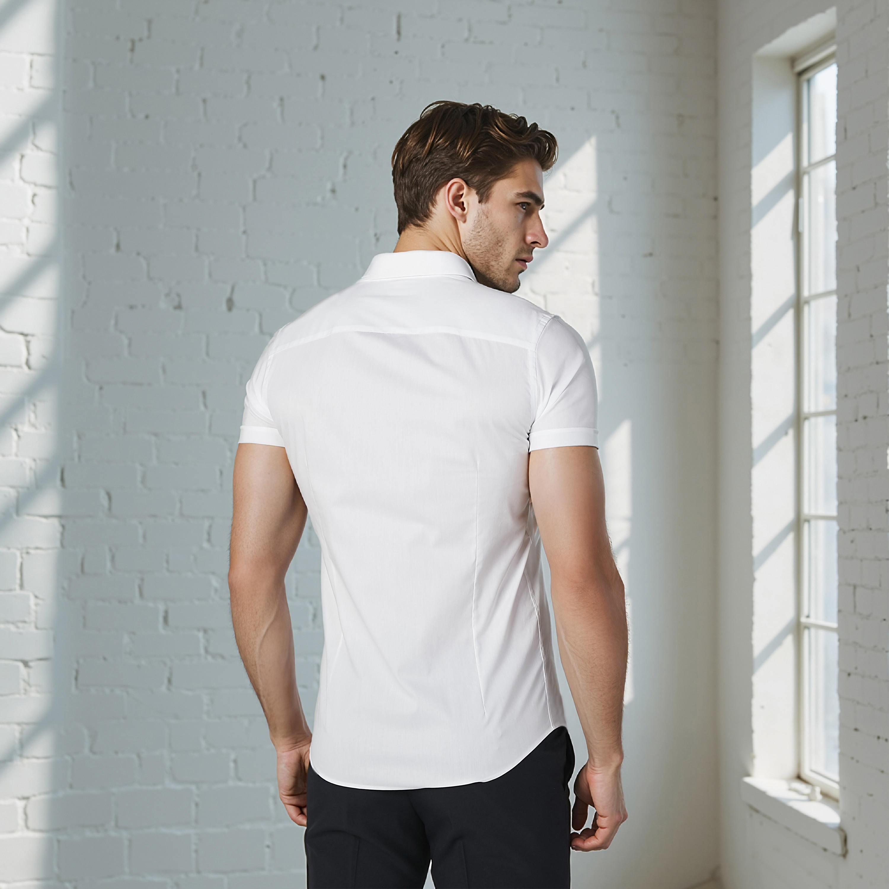 Plain Formal Shirt with Short Sleeves and Spread Collar-men-clothing-shirts-image-5