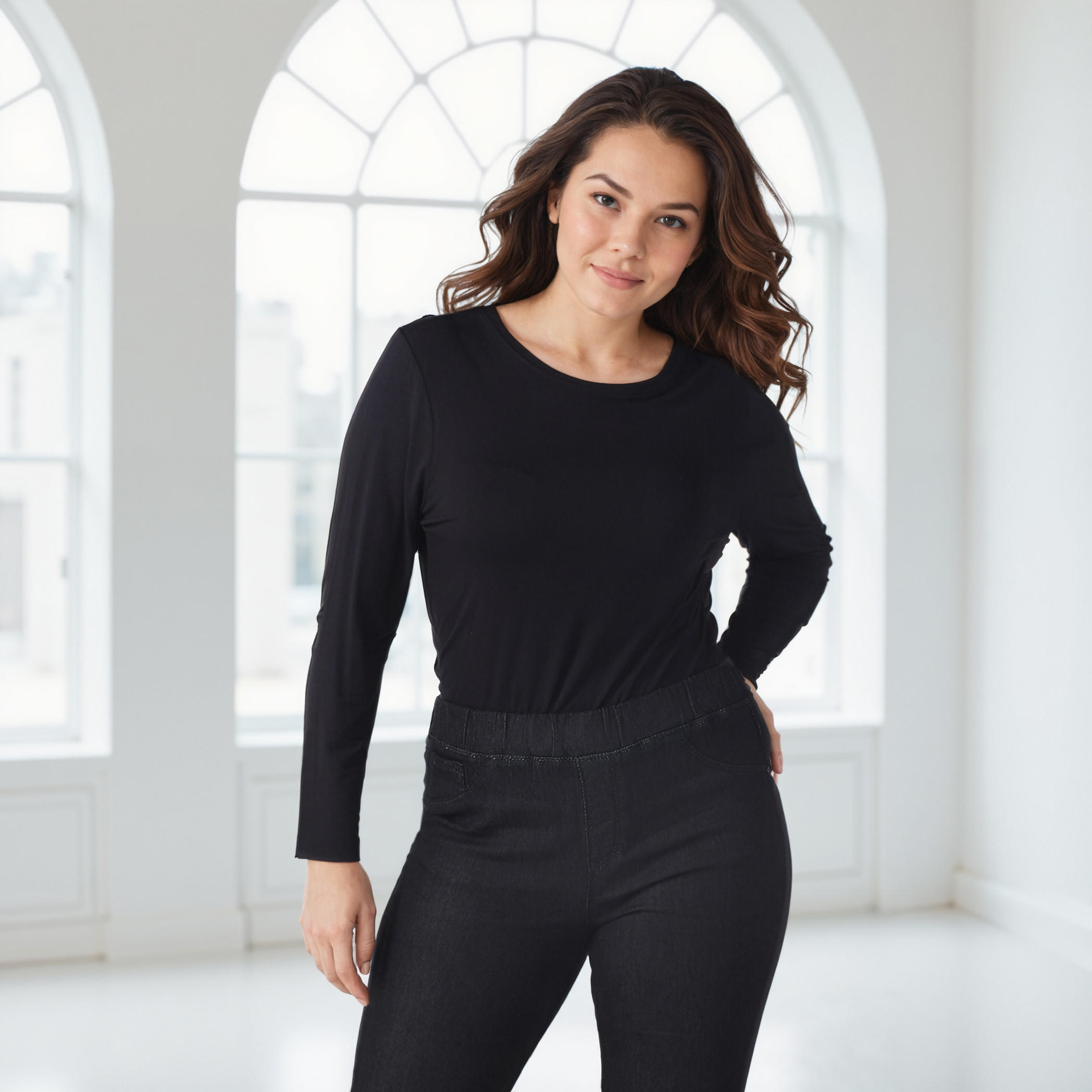 تيشيرت مقاس كبير بياقة مستديرة وأكمام طويلة-women-clothing-tshirts-image-1