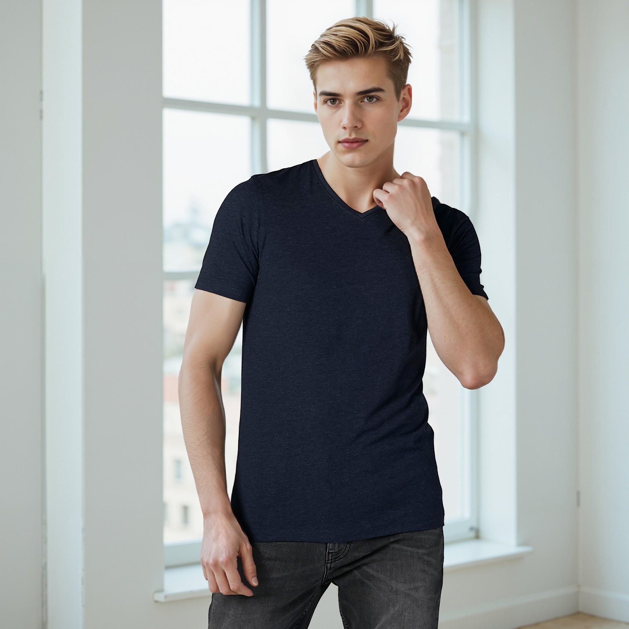 تيشيرت سادة بياقة V وأكمام قصيرة-men-clothing-tshirtsandpolos-tshirts-image-1