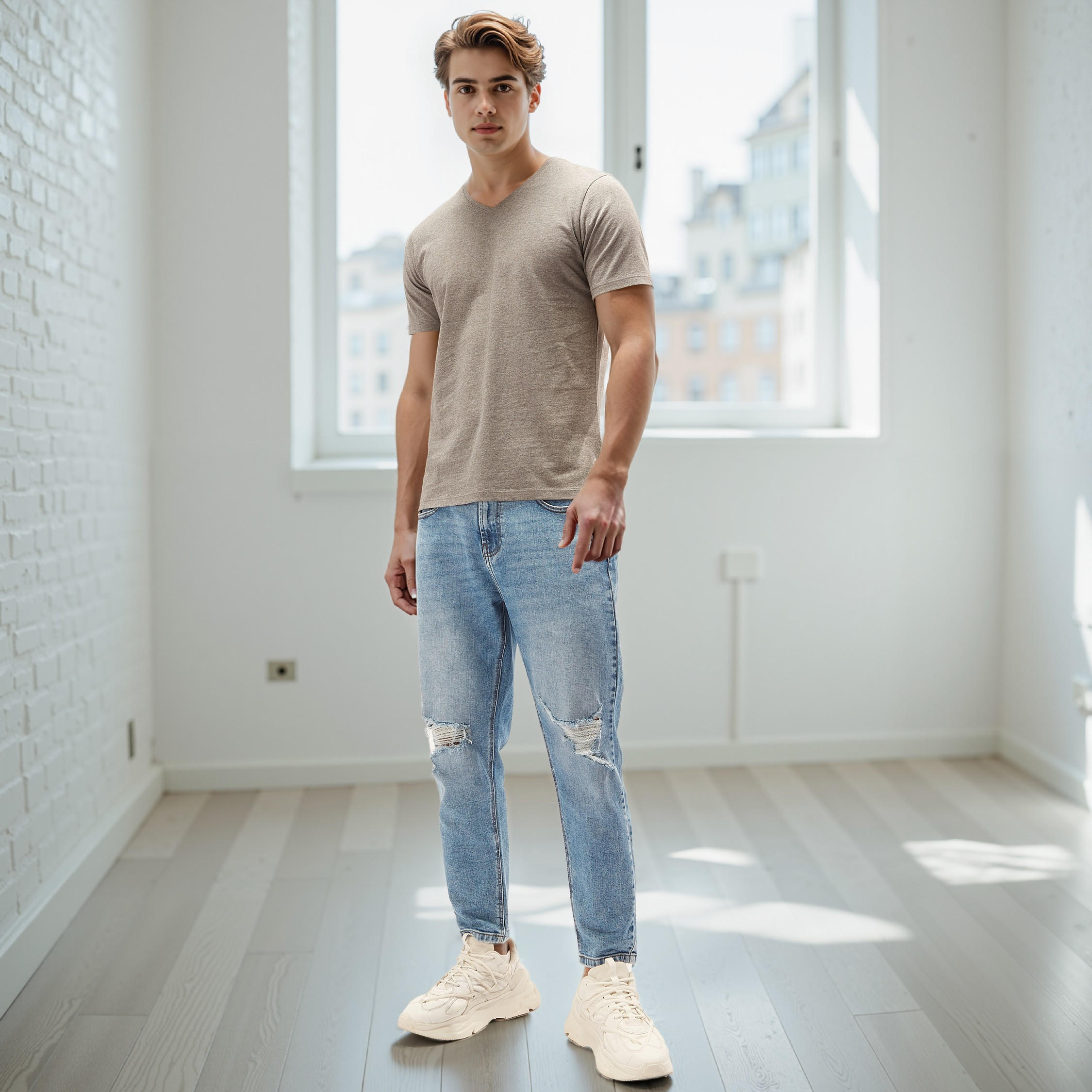 Slim Fit V-Neck T-shirt with Short Sleeves-men-clothing-tshirtsandpolos-tshirts-image-3