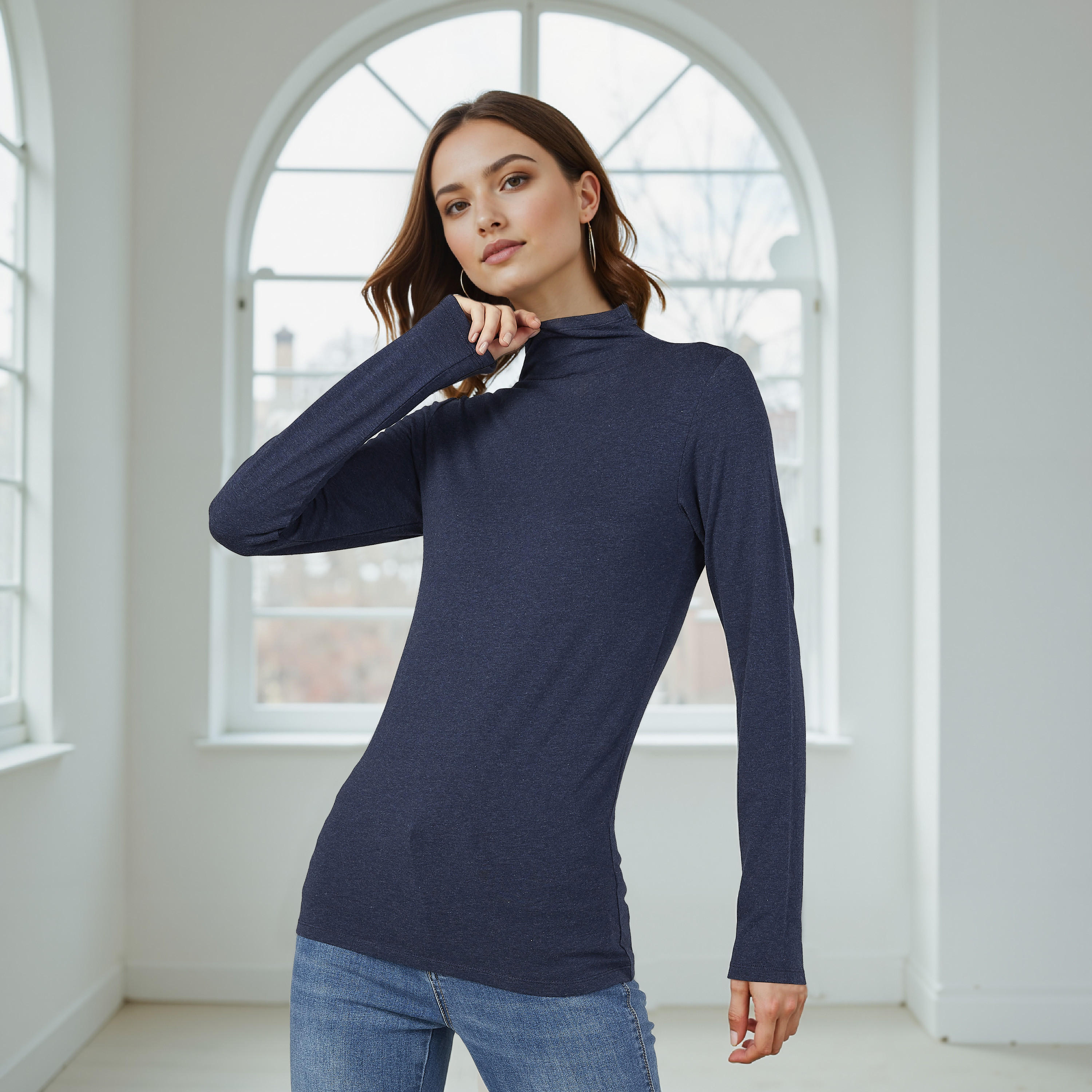 Plain Top with High Neck and Long Sleeves-women-clothing-tshirts-image-1