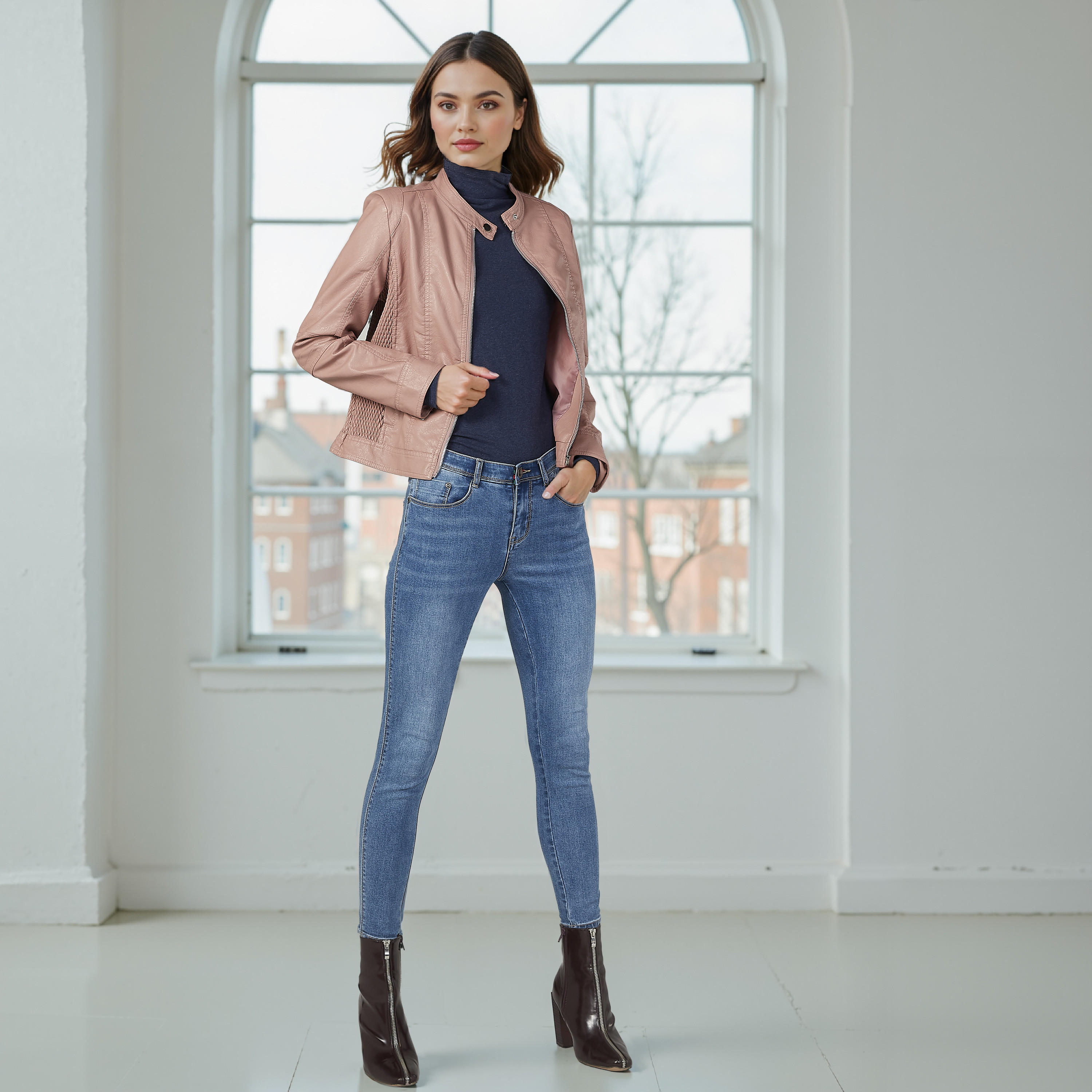 Plain Top with High Neck and Long Sleeves-women-clothing-tshirts-image-2