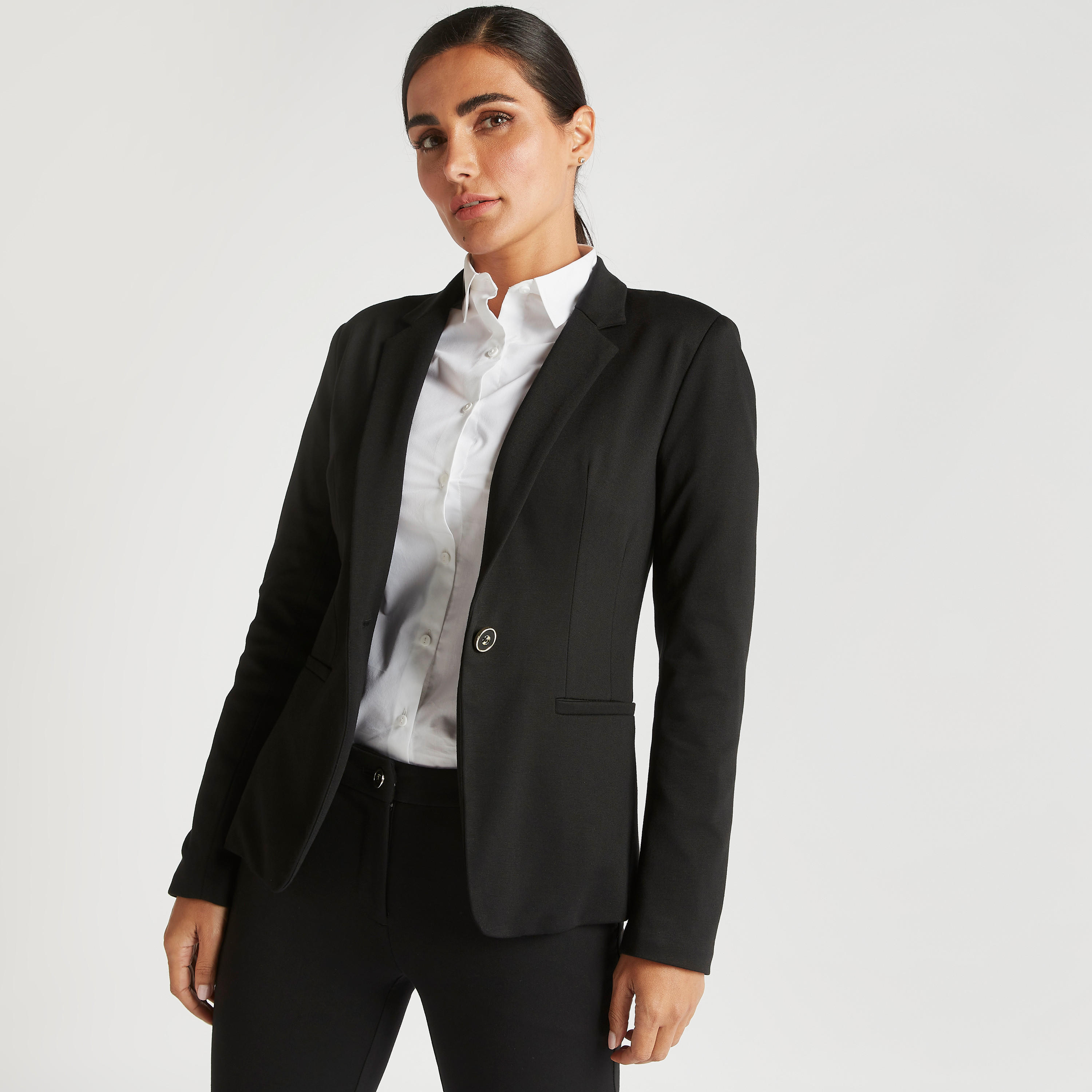 جاكيت بليزر رسمي سادة بأكمام طويلة وياقة مطوية-women-clothing-coatsandjackets-blazers-image-2