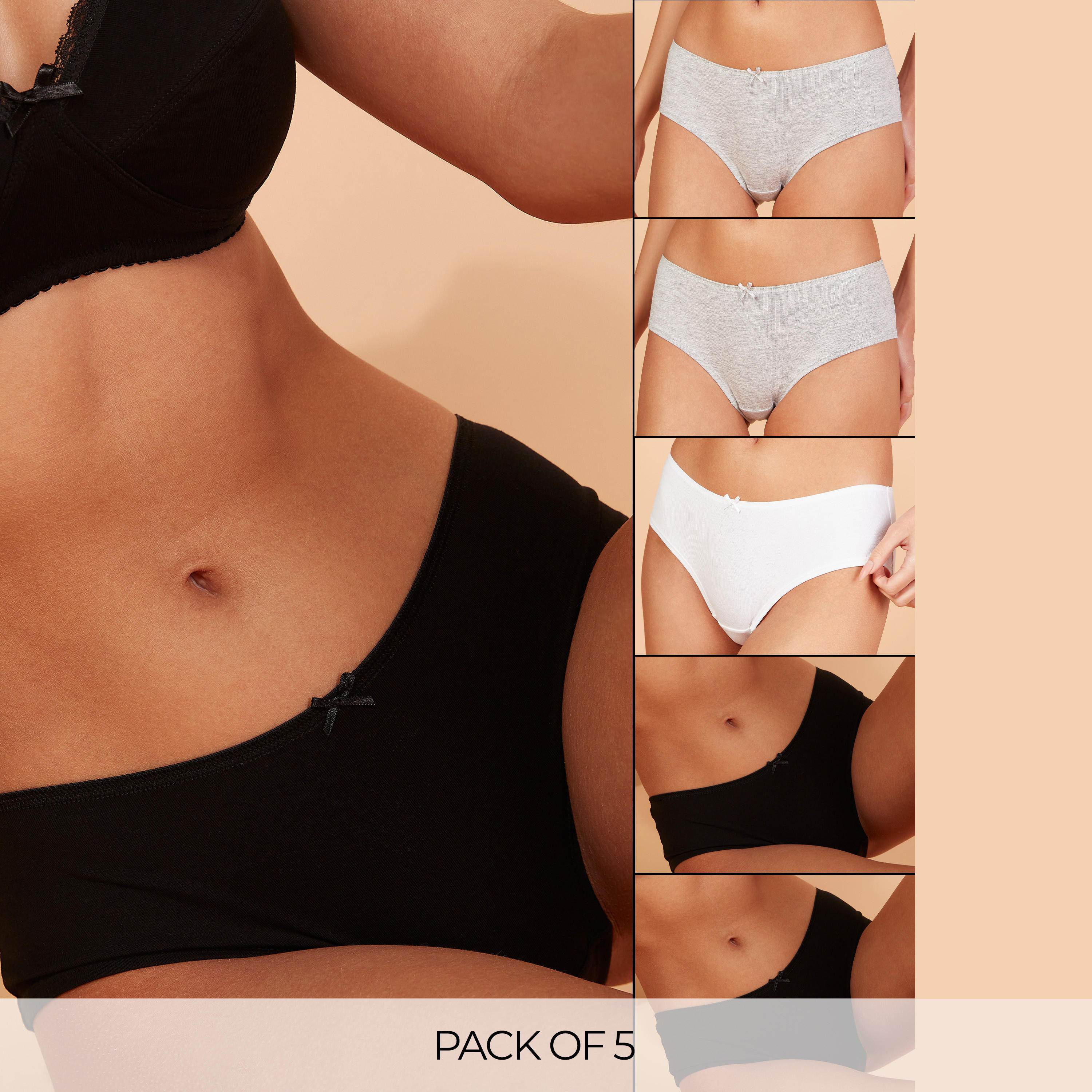 سراويل بوي شورت بخصر مطاطي وفيونكة - طقم من 5 قطع-women-clothing-lingerie-panties-image-1